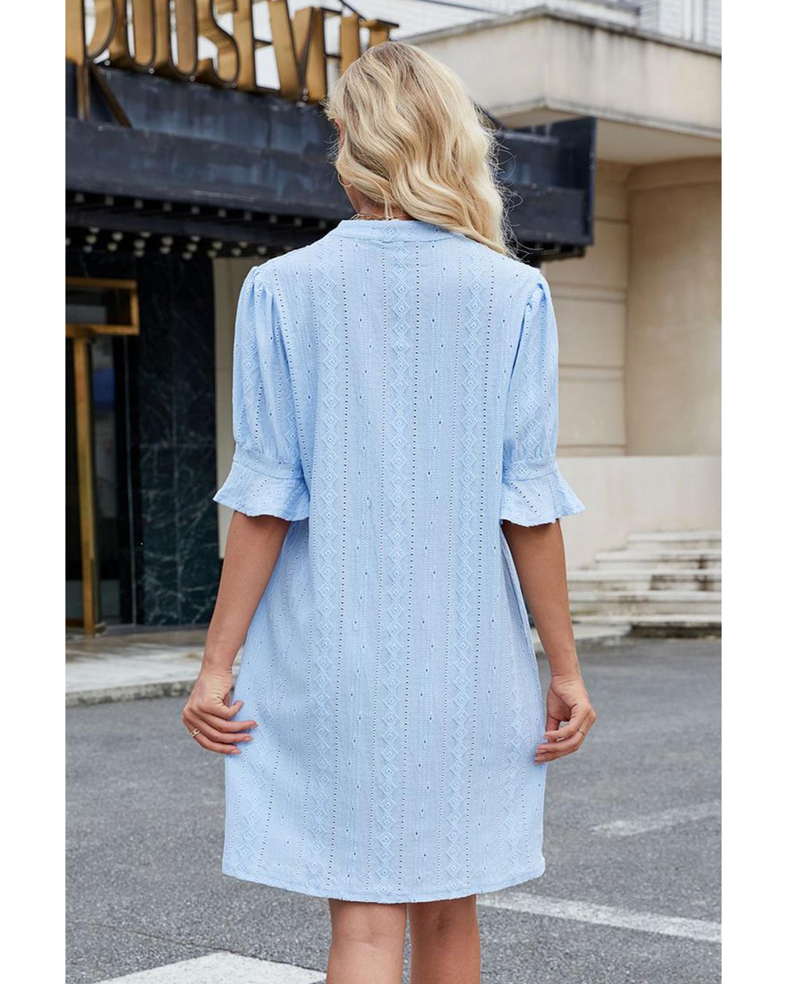 Beau Blue Jacquard Texture Flared Short Sleeve Notched Neck Mini Dress - M