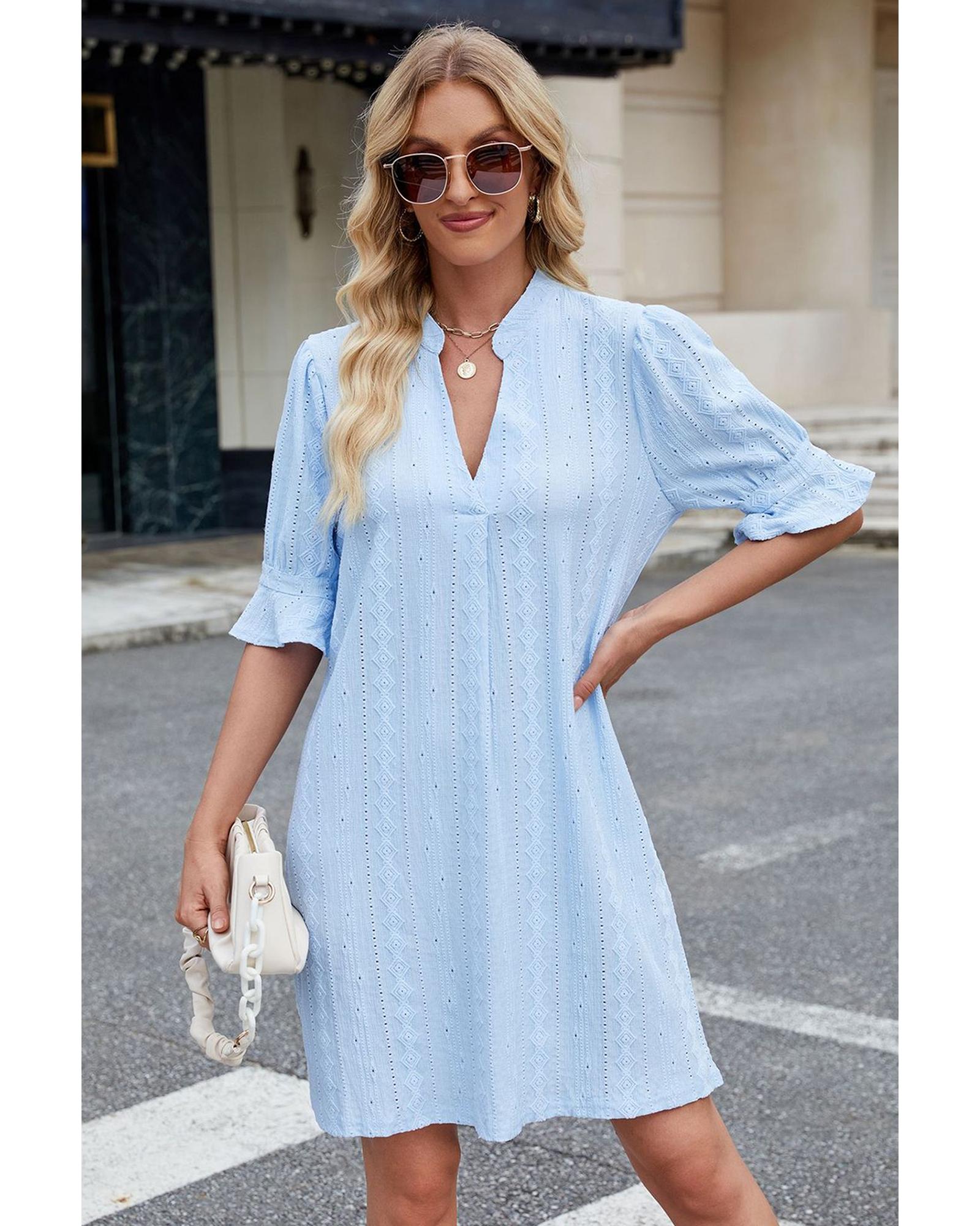 Beau Blue Jacquard Texture Flared Short Sleeve Notched Neck Mini Dress - M 3