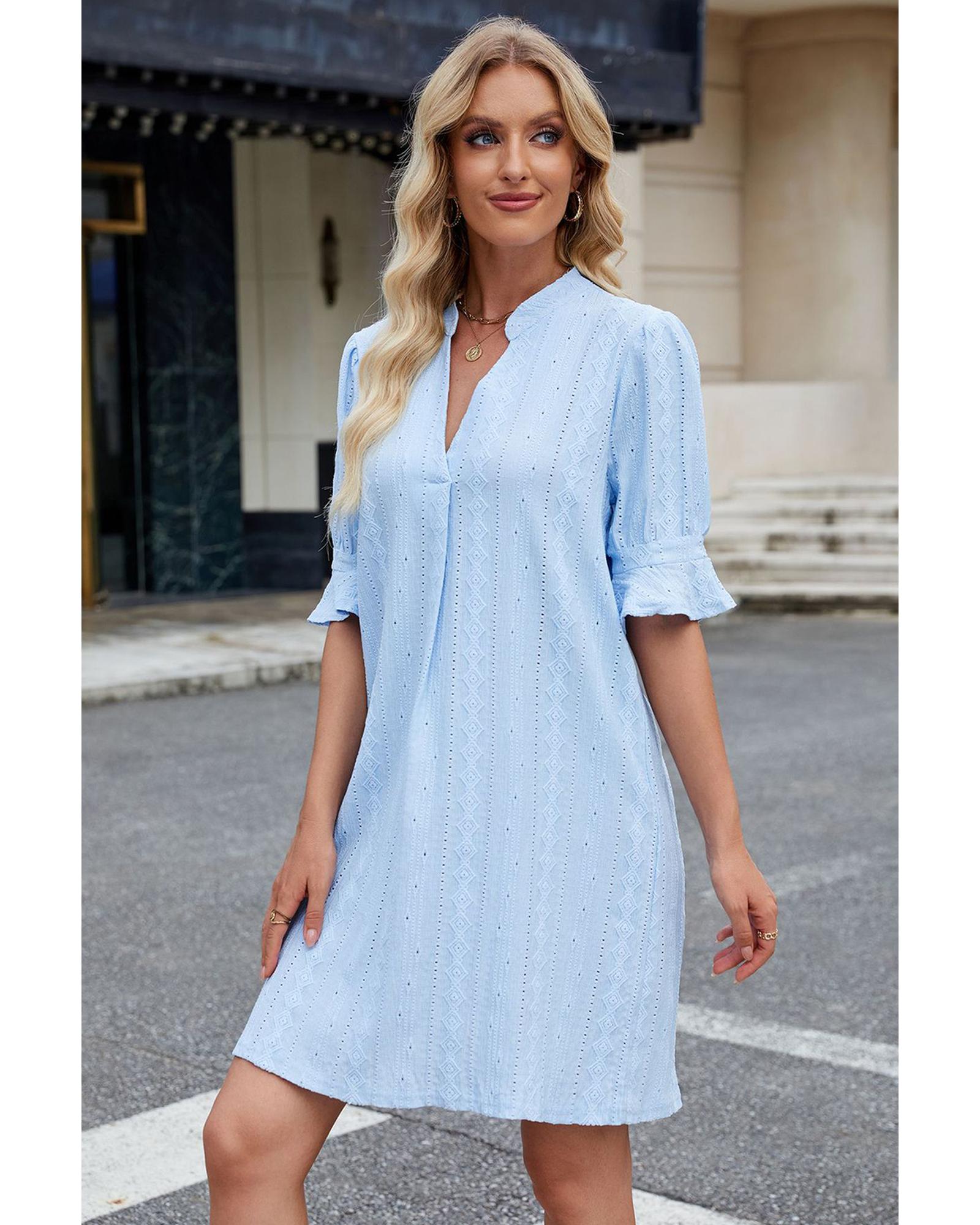 Beau Blue Jacquard Texture Flared Short Sleeve Notched Neck Mini Dress - M 4