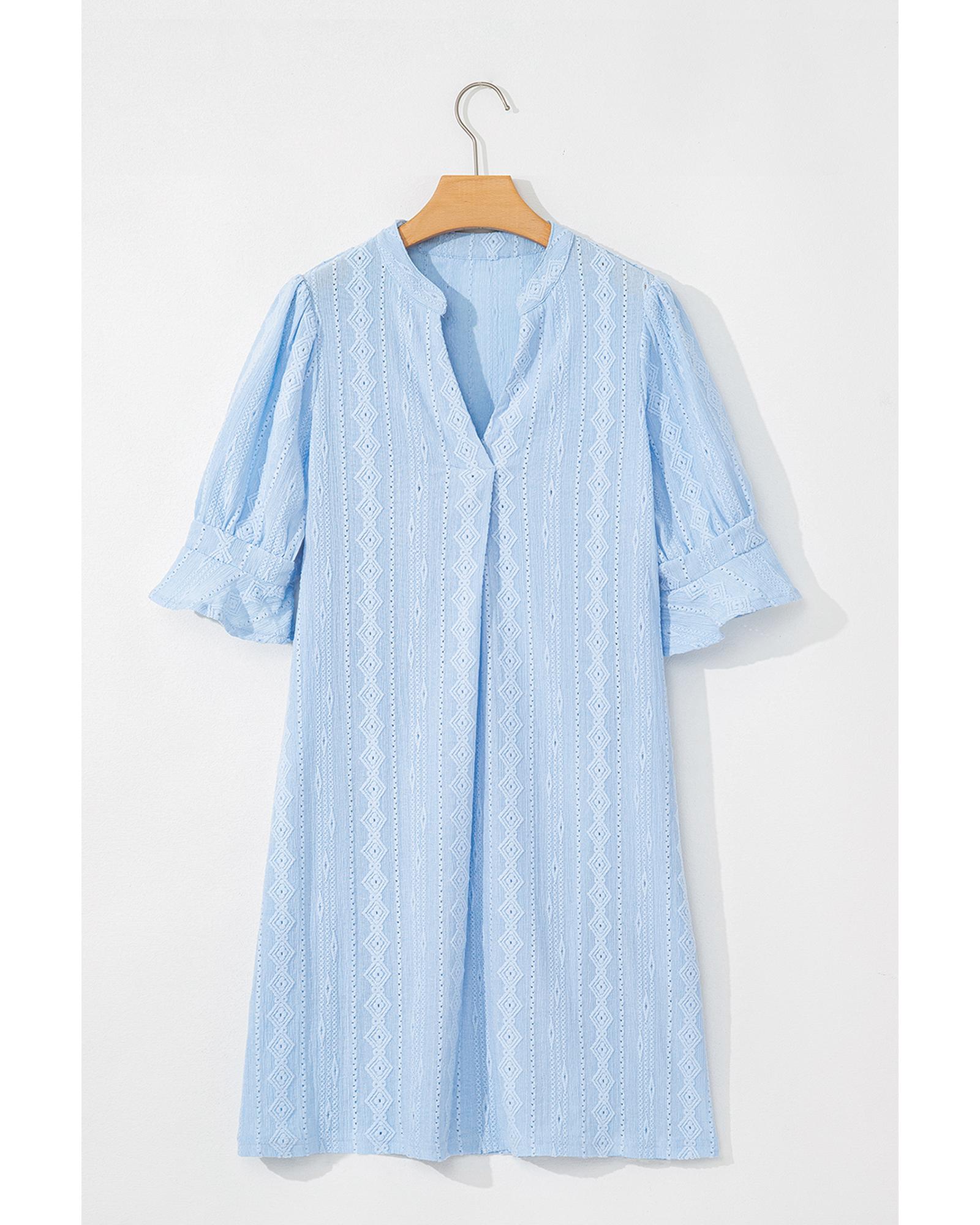 Beau Blue Jacquard Texture Flared Short Sleeve Notched Neck Mini Dress - M 6