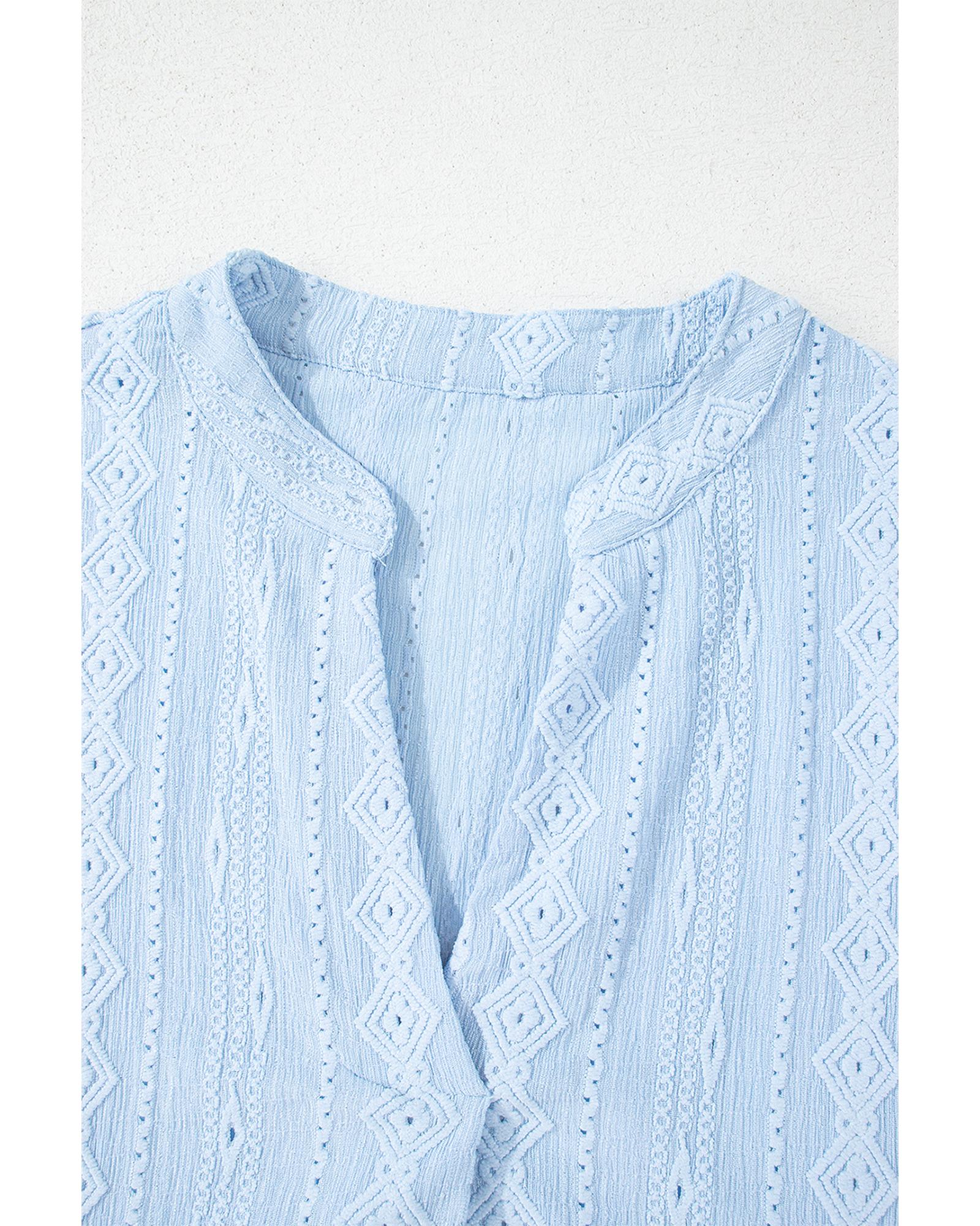 Beau Blue Jacquard Texture Flared Short Sleeve Notched Neck Mini Dress - M 8