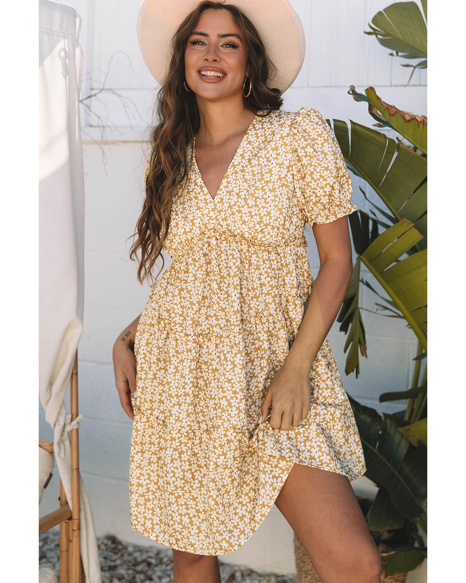 Yellow Floral Short Sleeve V Neck Frilly Tiered Mini Dress - L