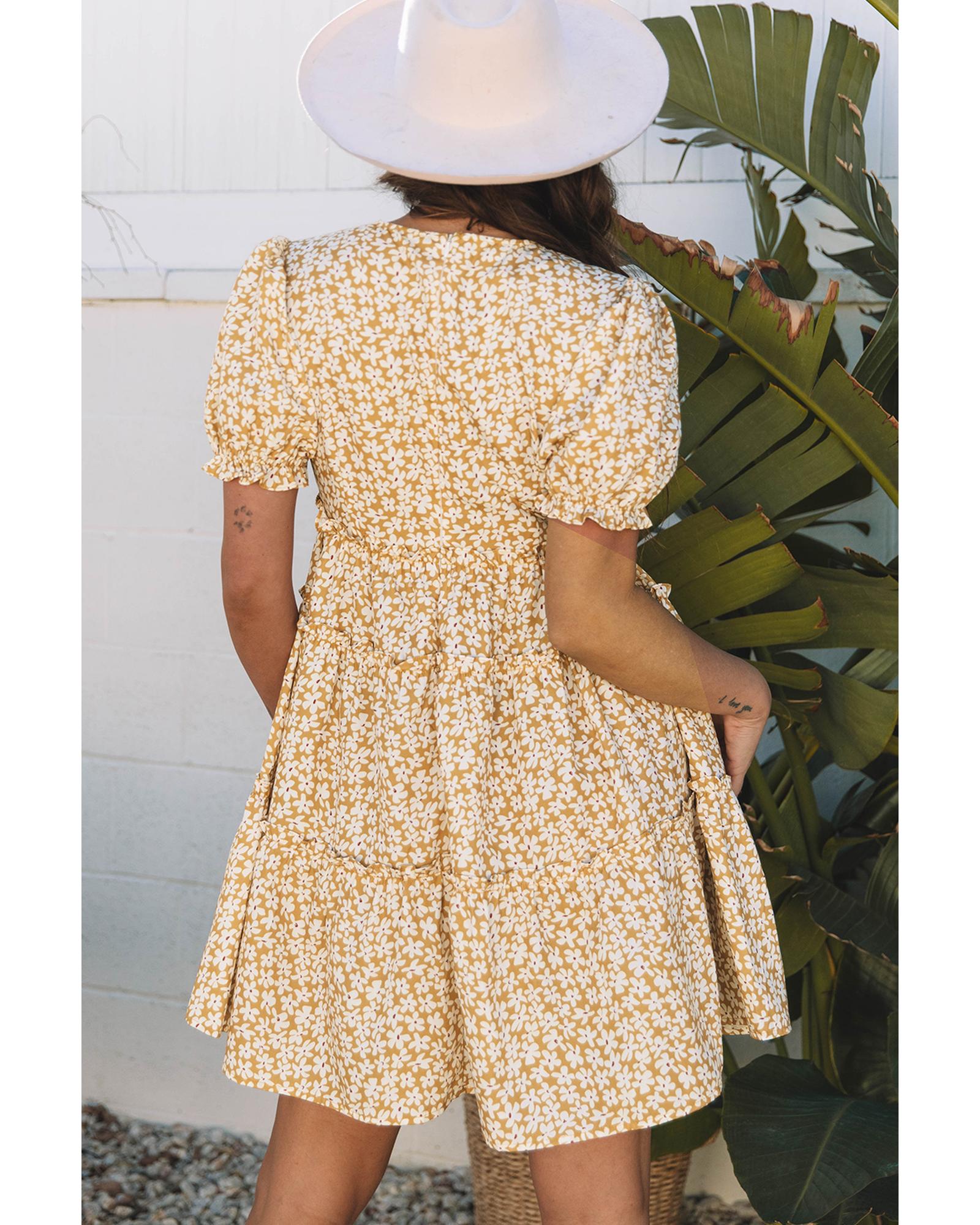 Yellow Floral Short Sleeve V Neck Frilly Tiered Mini Dress - L