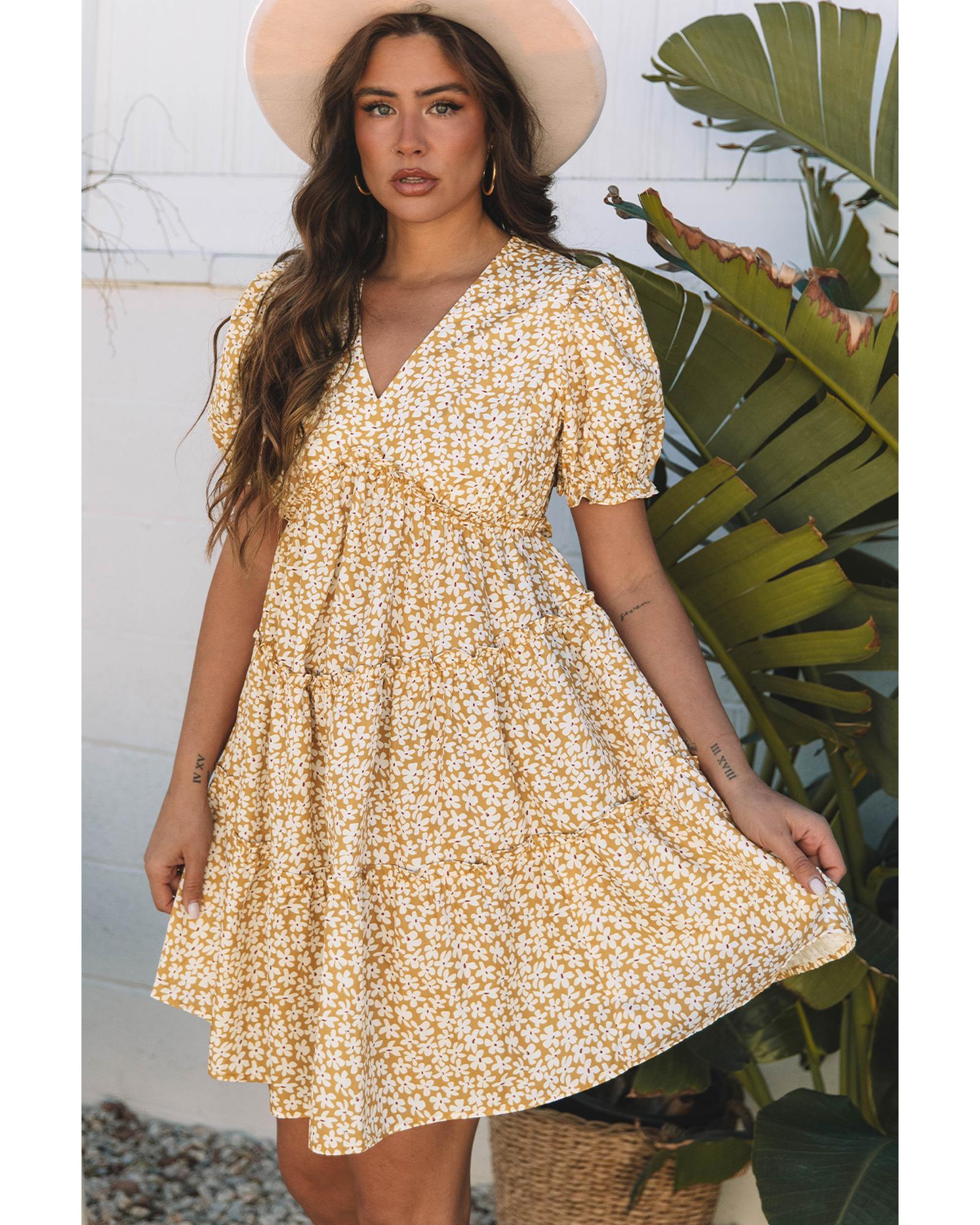 Yellow Floral Short Sleeve V Neck Frilly Tiered Mini Dress - L 4