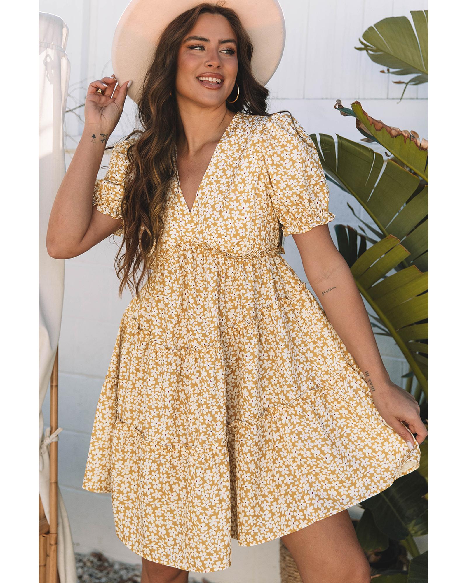 Yellow Floral Short Sleeve V Neck Frilly Tiered Mini Dress - L 5