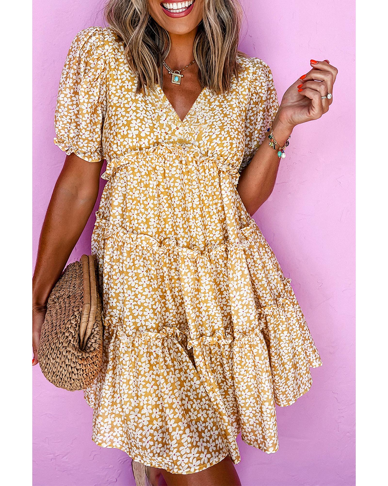 Yellow Floral Short Sleeve V Neck Frilly Tiered Mini Dress - L 7