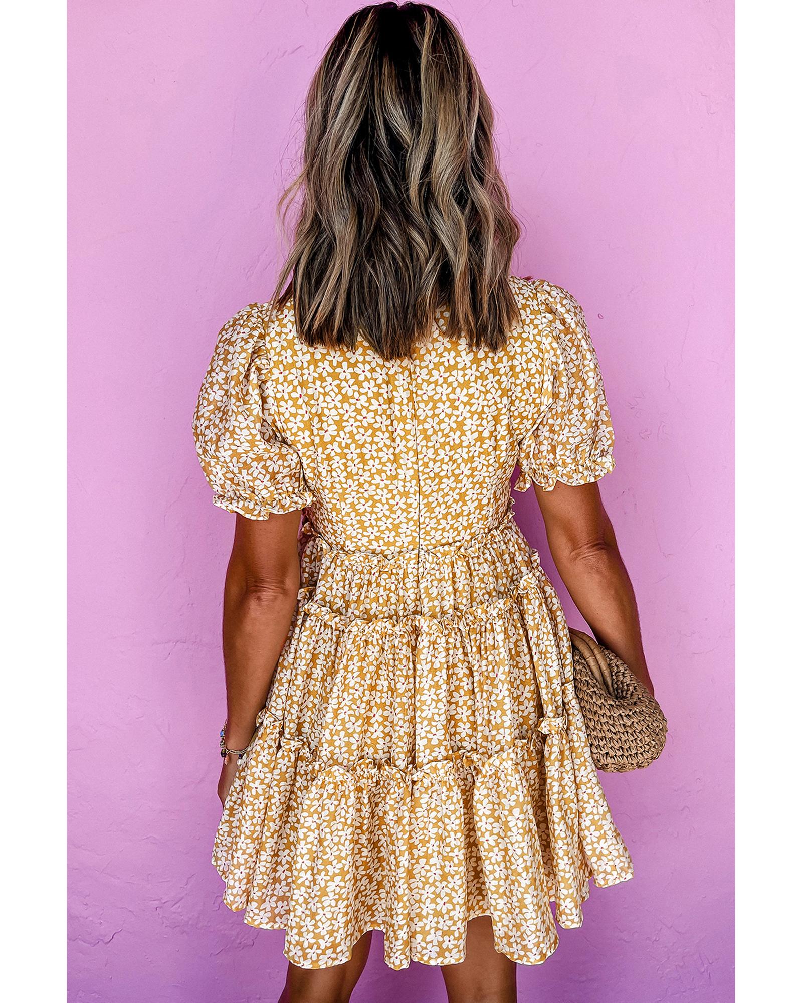 Yellow Floral Short Sleeve V Neck Frilly Tiered Mini Dress - L 8
