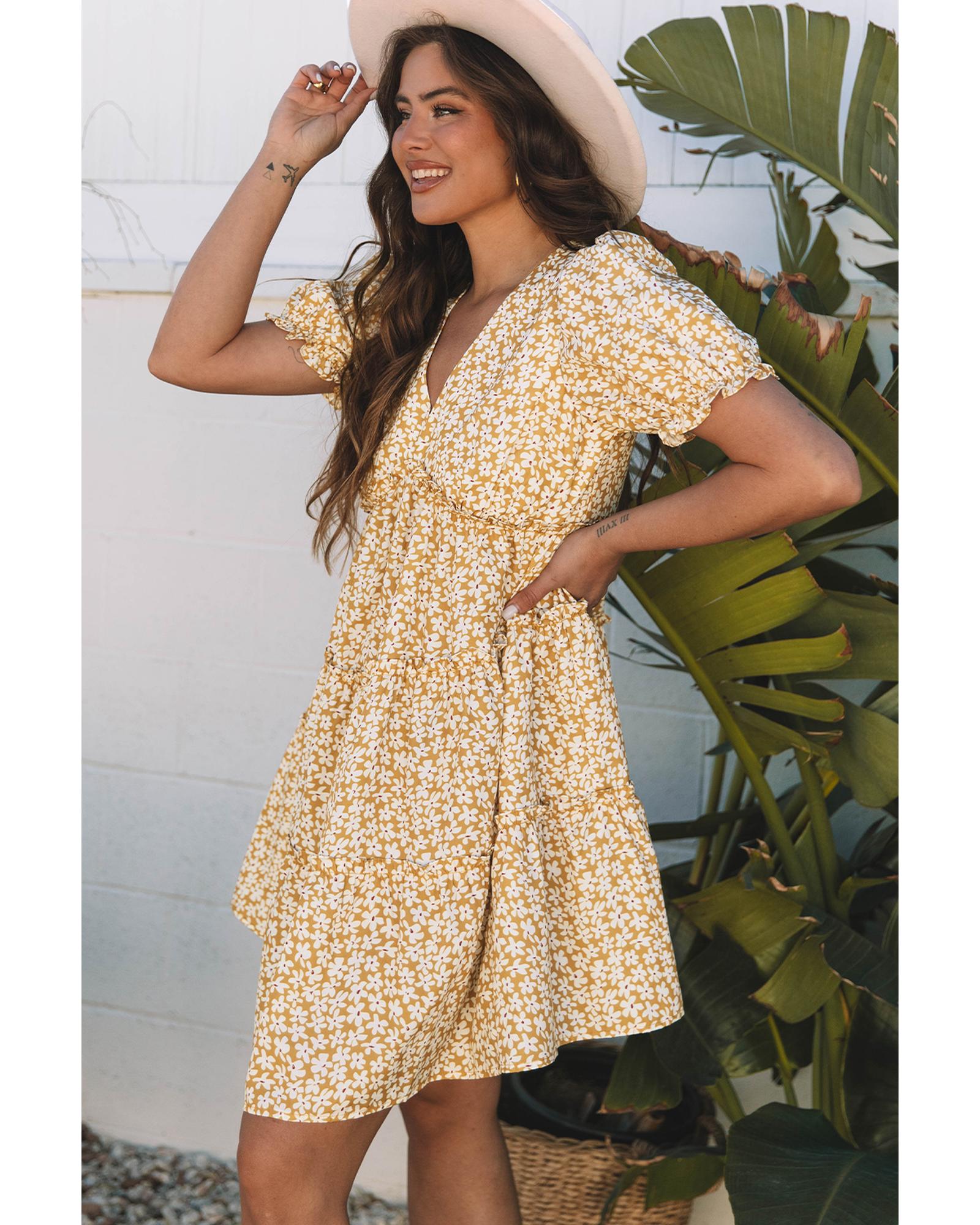 Yellow Floral Short Sleeve V Neck Frilly Tiered Mini Dress - XL 3