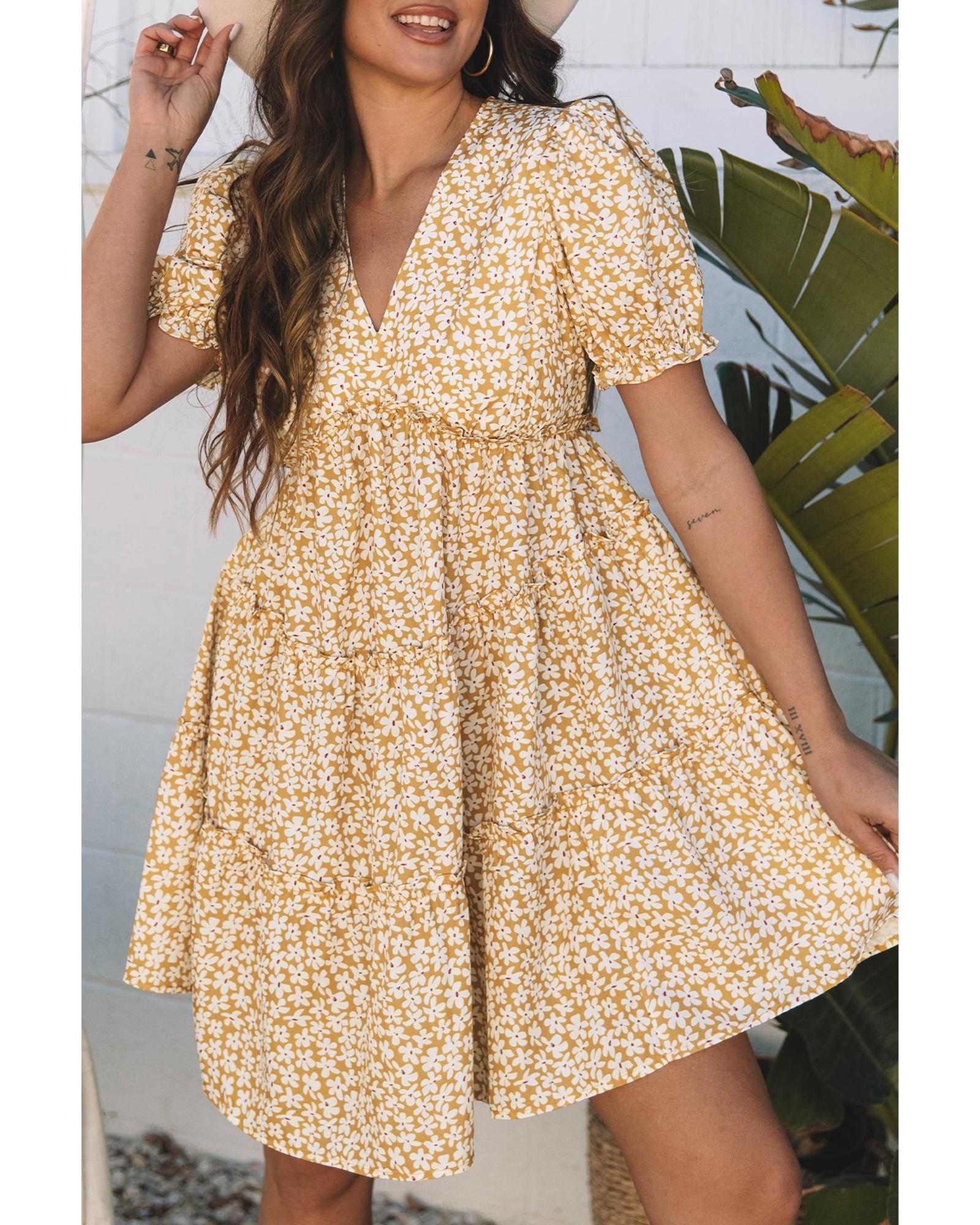 Yellow Floral Short Sleeve V Neck Frilly Tiered Mini Dress - XL 6