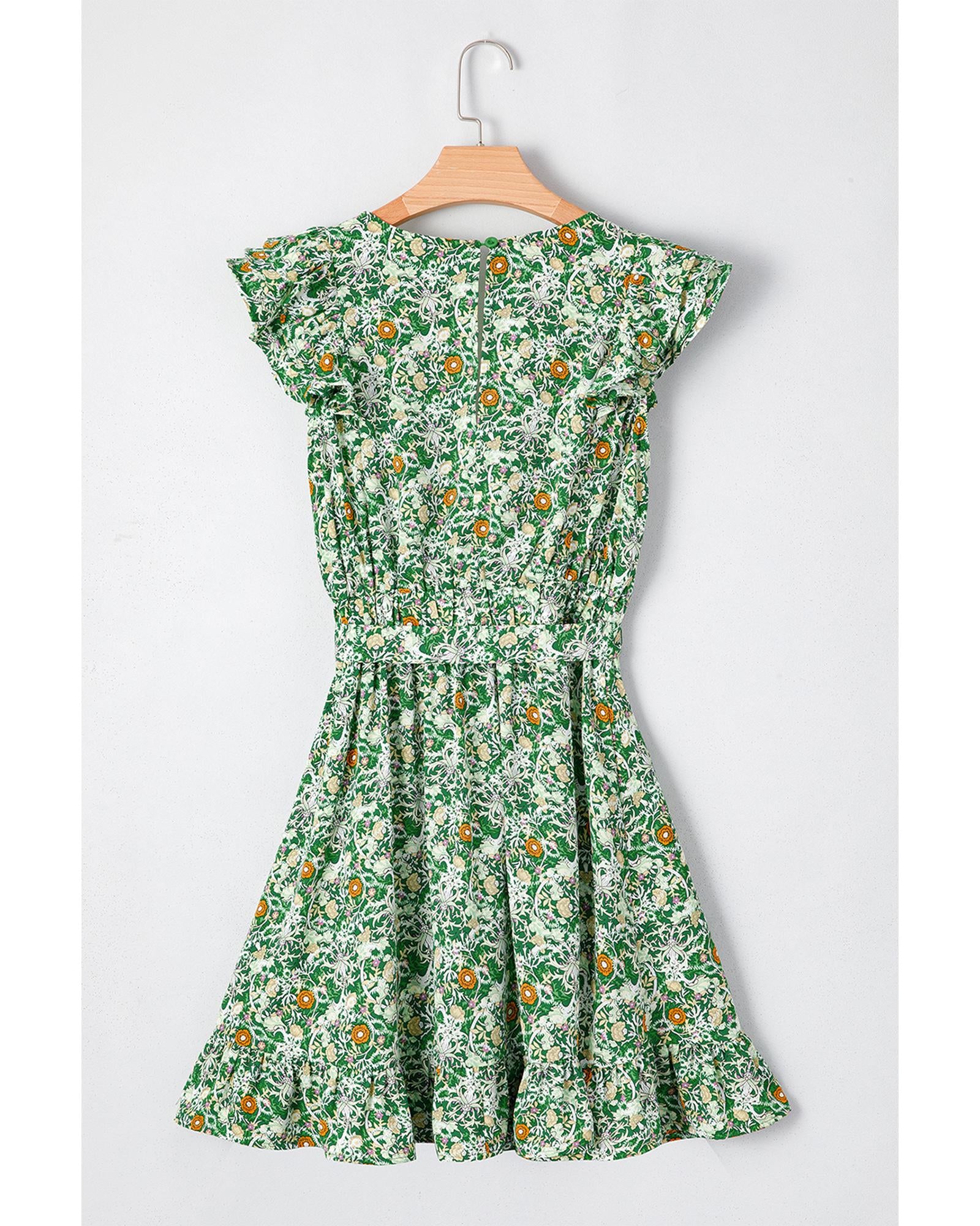 Green Flower Print Flutter Sleeve V Neck Sashed Ruffled Mini Dress - L 7