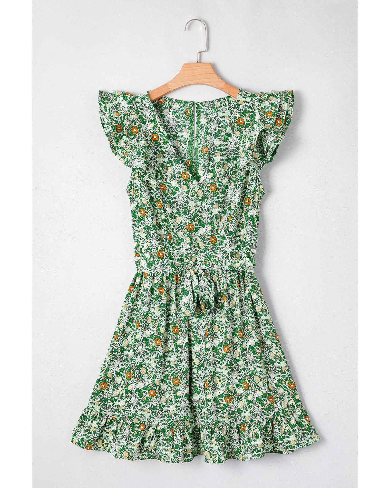 Green Flower Print Flutter Sleeve V Neck Sashed Ruffled Mini Dress - M 7