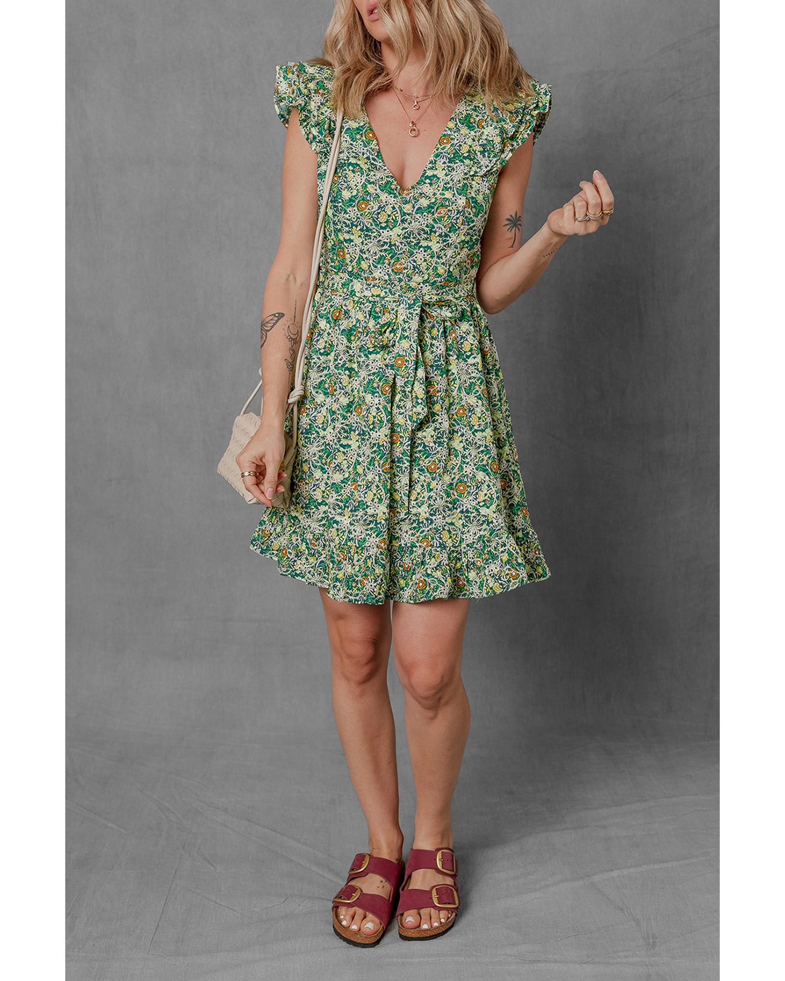 Green Flower Print Flutter Sleeve V Neck Sashed Ruffled Mini Dress - S 4