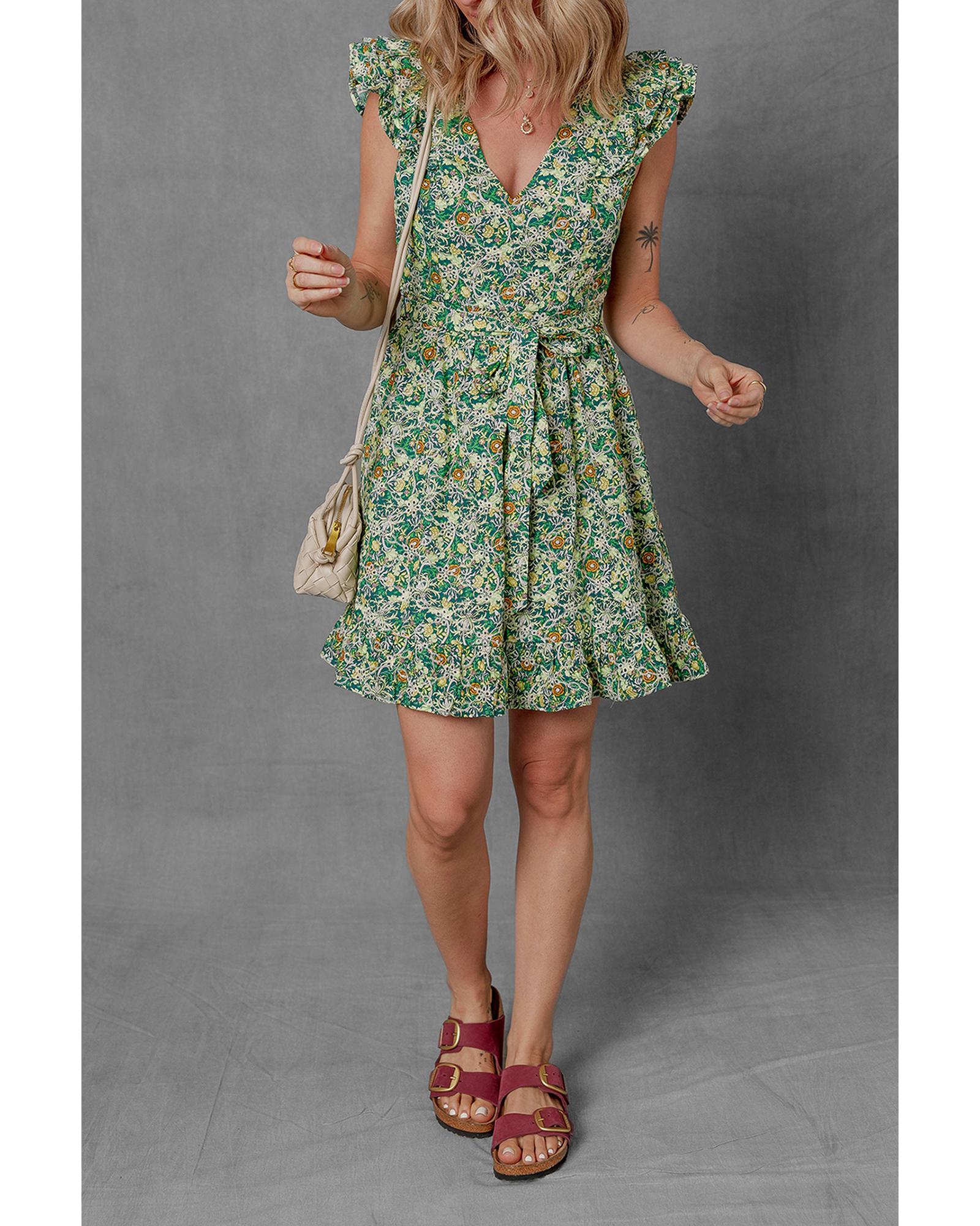 Green Flower Print Flutter Sleeve V Neck Sashed Ruffled Mini Dress - S 5