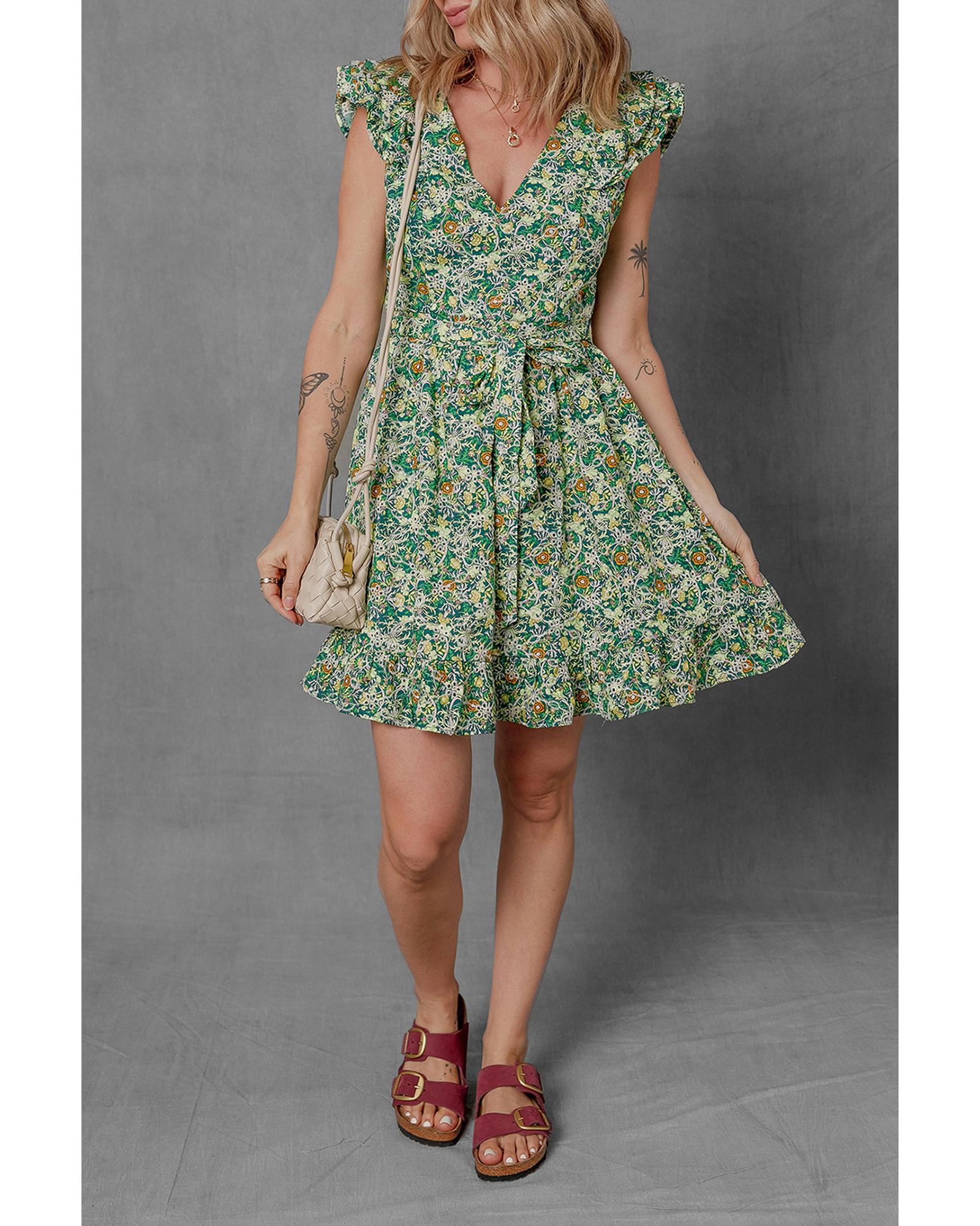 Green Flower Print Flutter Sleeve V Neck Sashed Ruffled Mini Dress - S 6