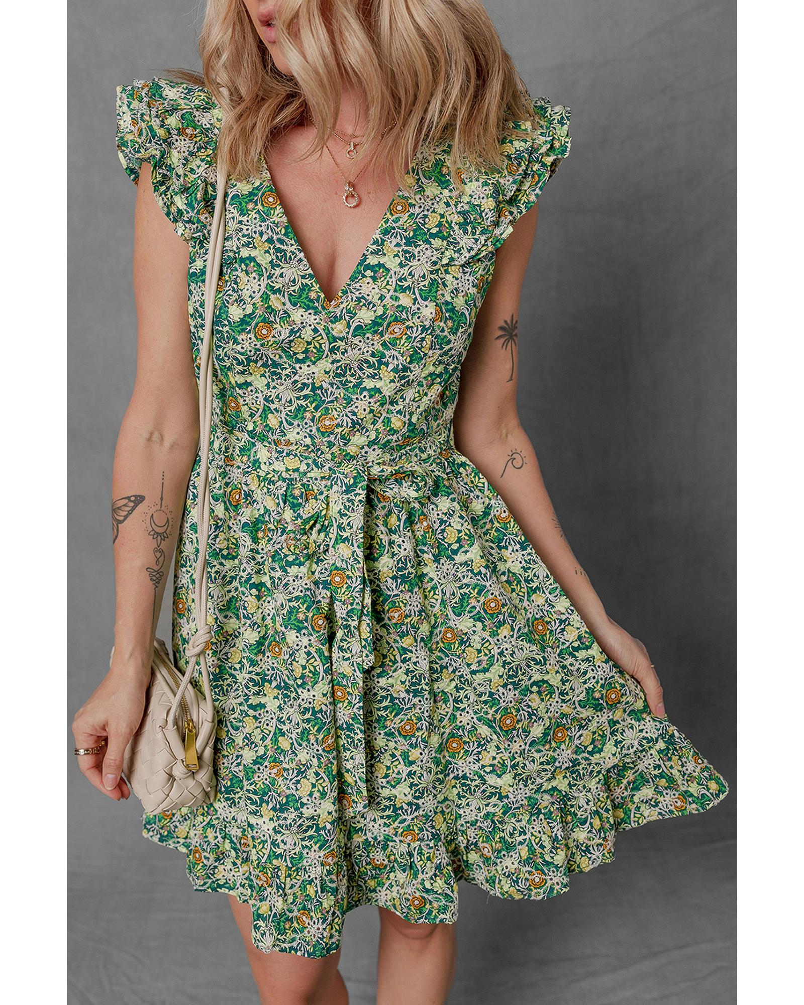Green Flower Print Flutter Sleeve V Neck Sashed Ruffled Mini Dress - XL 3