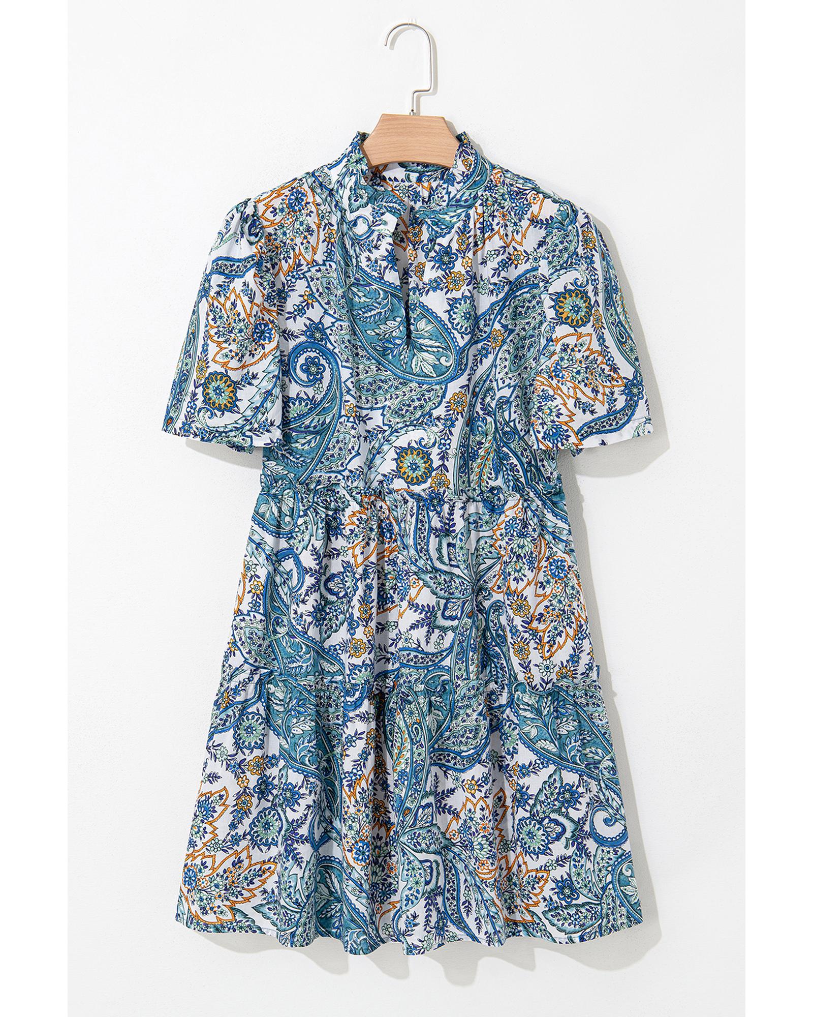 Blue Bohemian Paisley Floral V Neck Short Sleeve Mini Dress - L 3