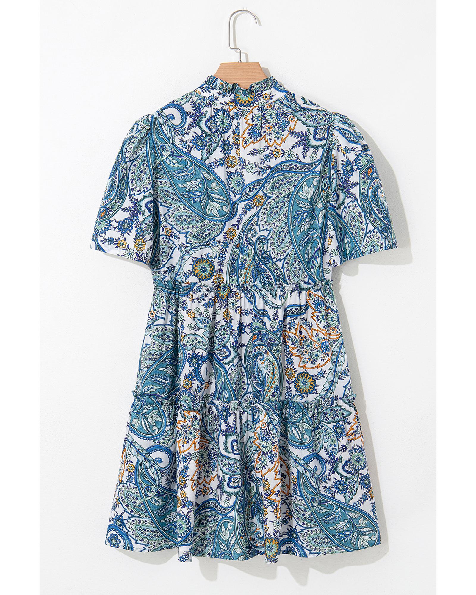 Blue Bohemian Paisley Floral V Neck Short Sleeve Mini Dress - L 4