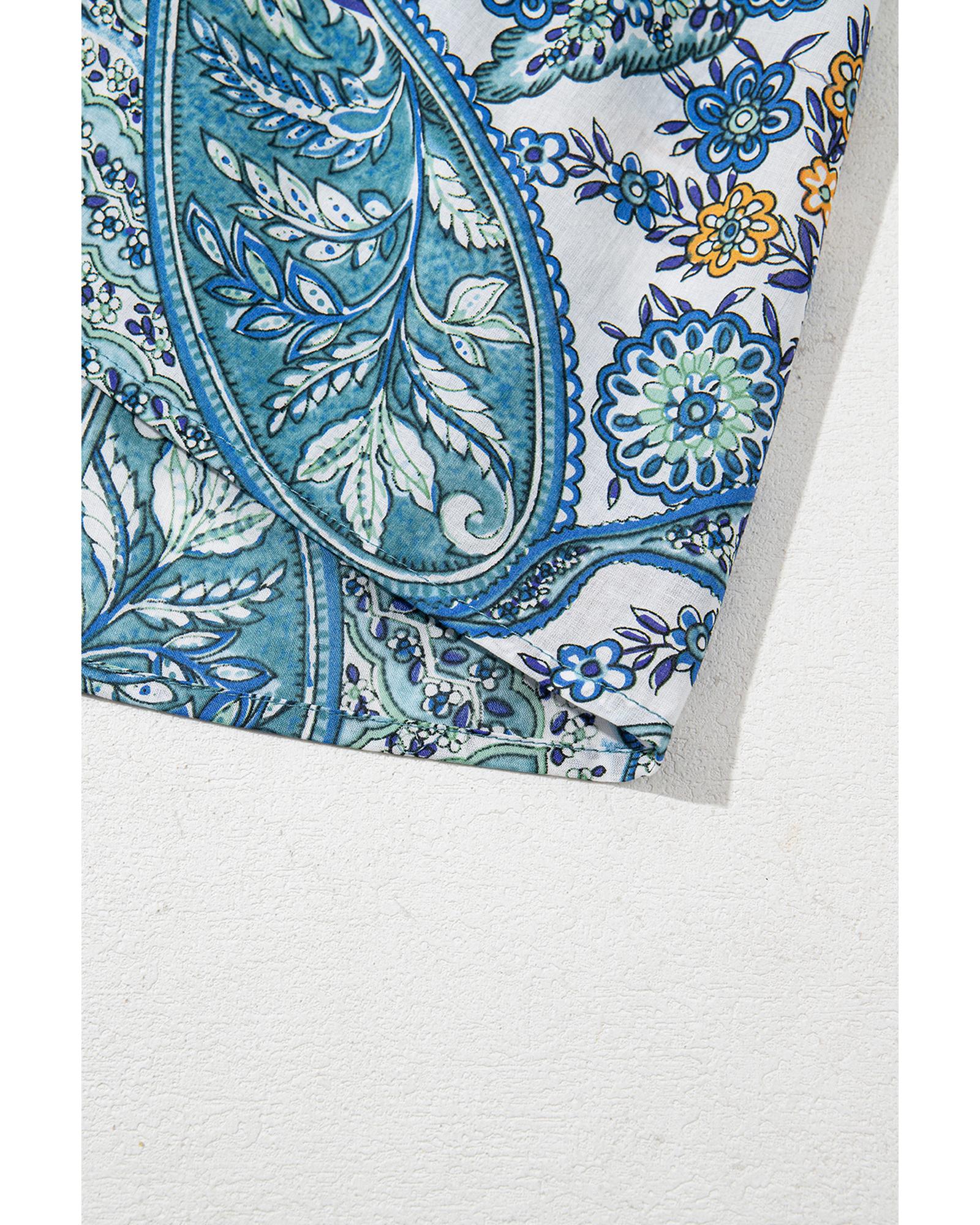 Blue Bohemian Paisley Floral V Neck Short Sleeve Mini Dress - L 5