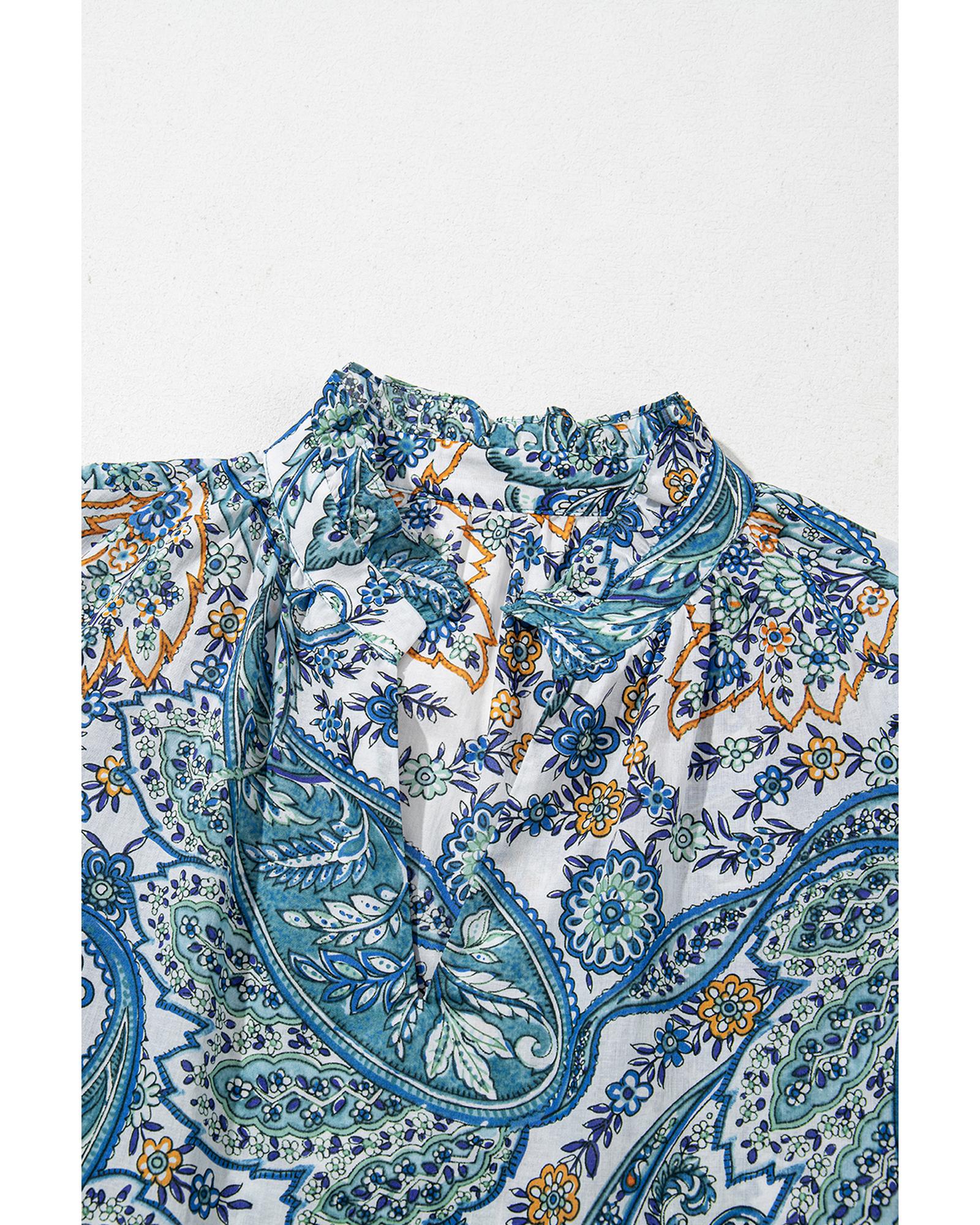 Blue Bohemian Paisley Floral V Neck Short Sleeve Mini Dress - M 7