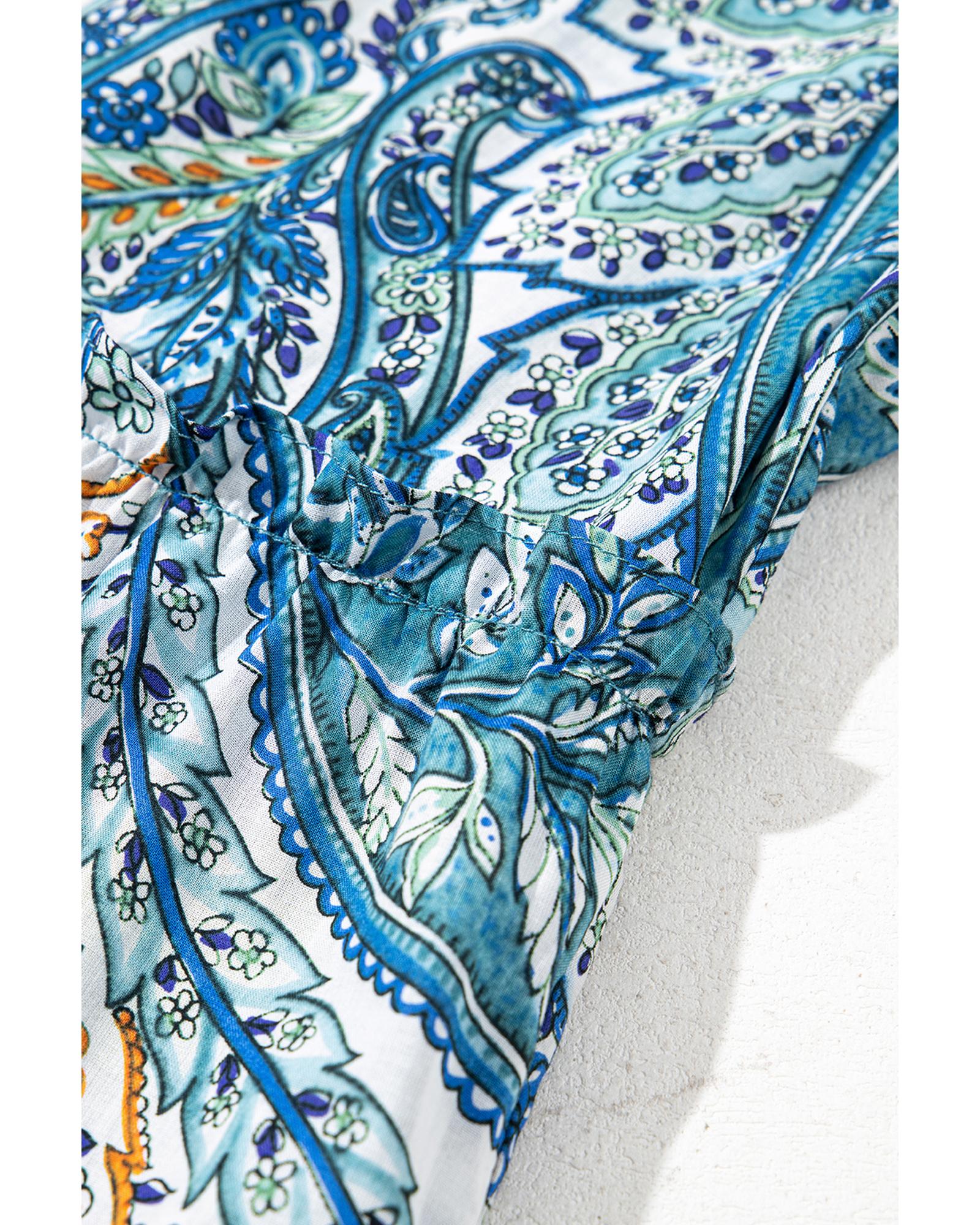 Blue Bohemian Paisley Floral V Neck Short Sleeve Mini Dress - S 7