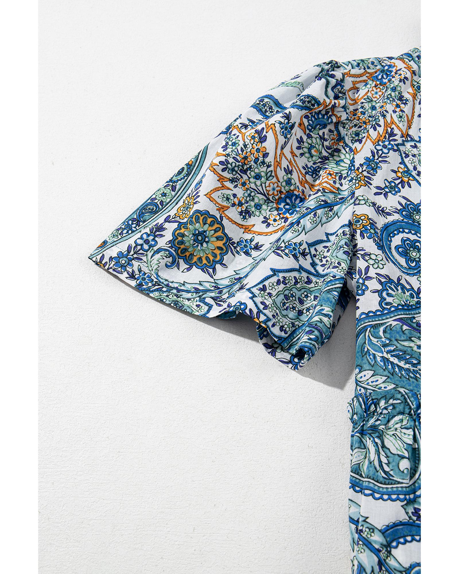 Blue Bohemian Paisley Floral V Neck Short Sleeve Mini Dress - XL 6