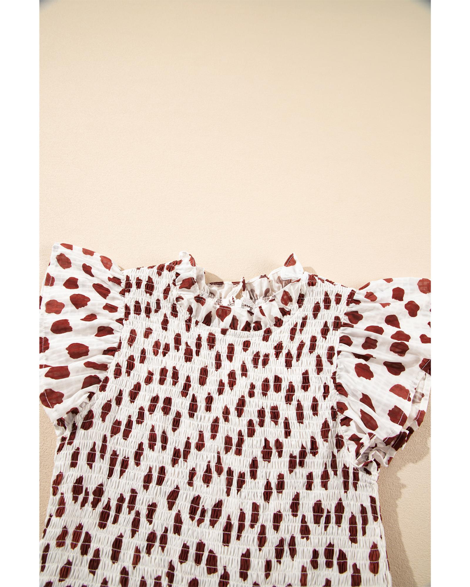 Brown Abstract Printed Flutter Sleeve Smocked Bodice Short Dress - M 3