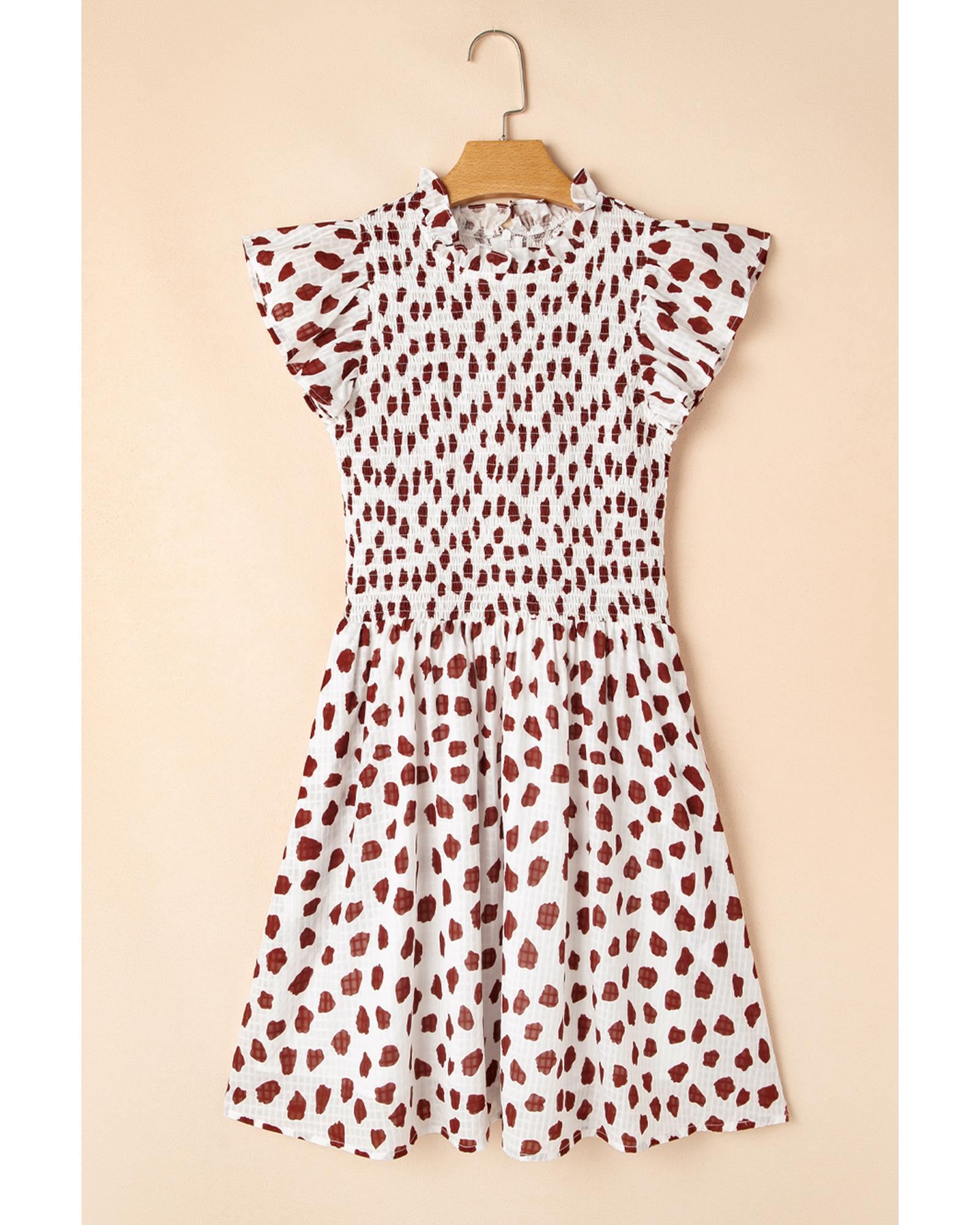 Brown Abstract Printed Flutter Sleeve Smocked Bodice Short Dress - M 4