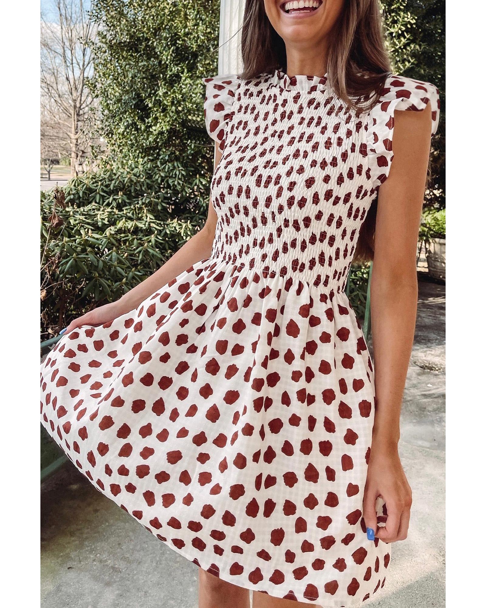 Brown Abstract Printed Flutter Sleeve Smocked Bodice Short Dress - M 5