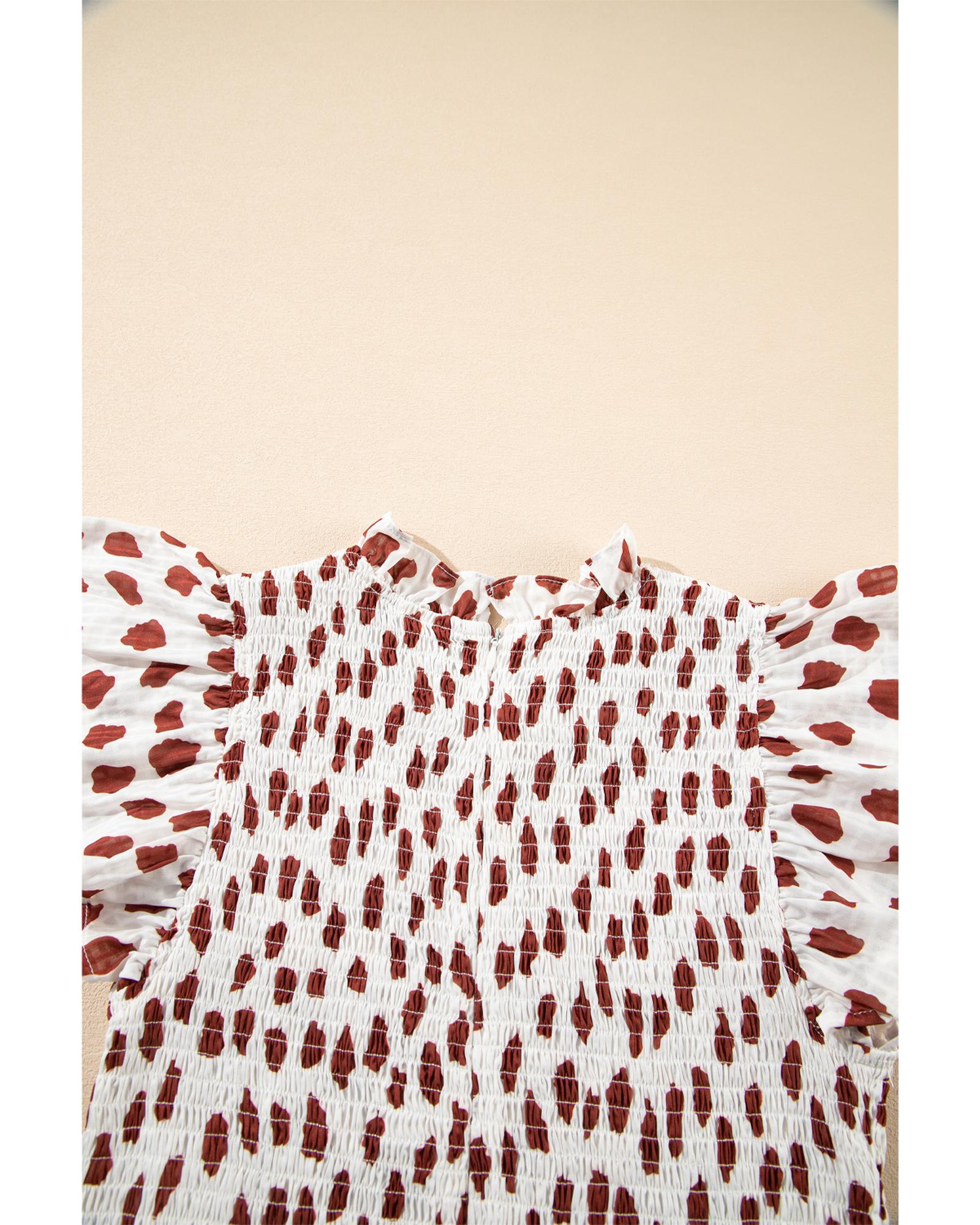 Brown Abstract Printed Flutter Sleeve Smocked Bodice Short Dress - XL