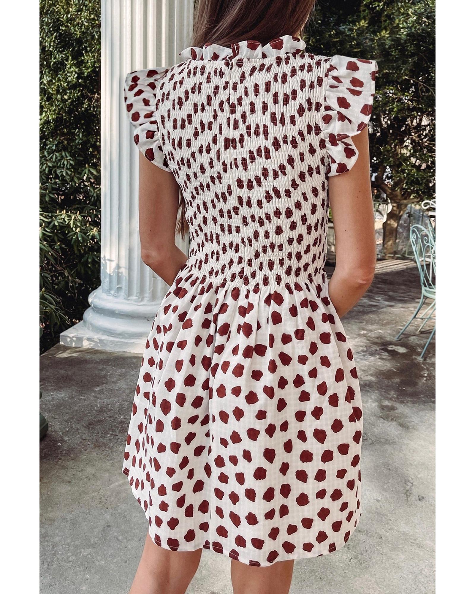 Brown Abstract Printed Flutter Sleeve Smocked Bodice Short Dress - XL 5