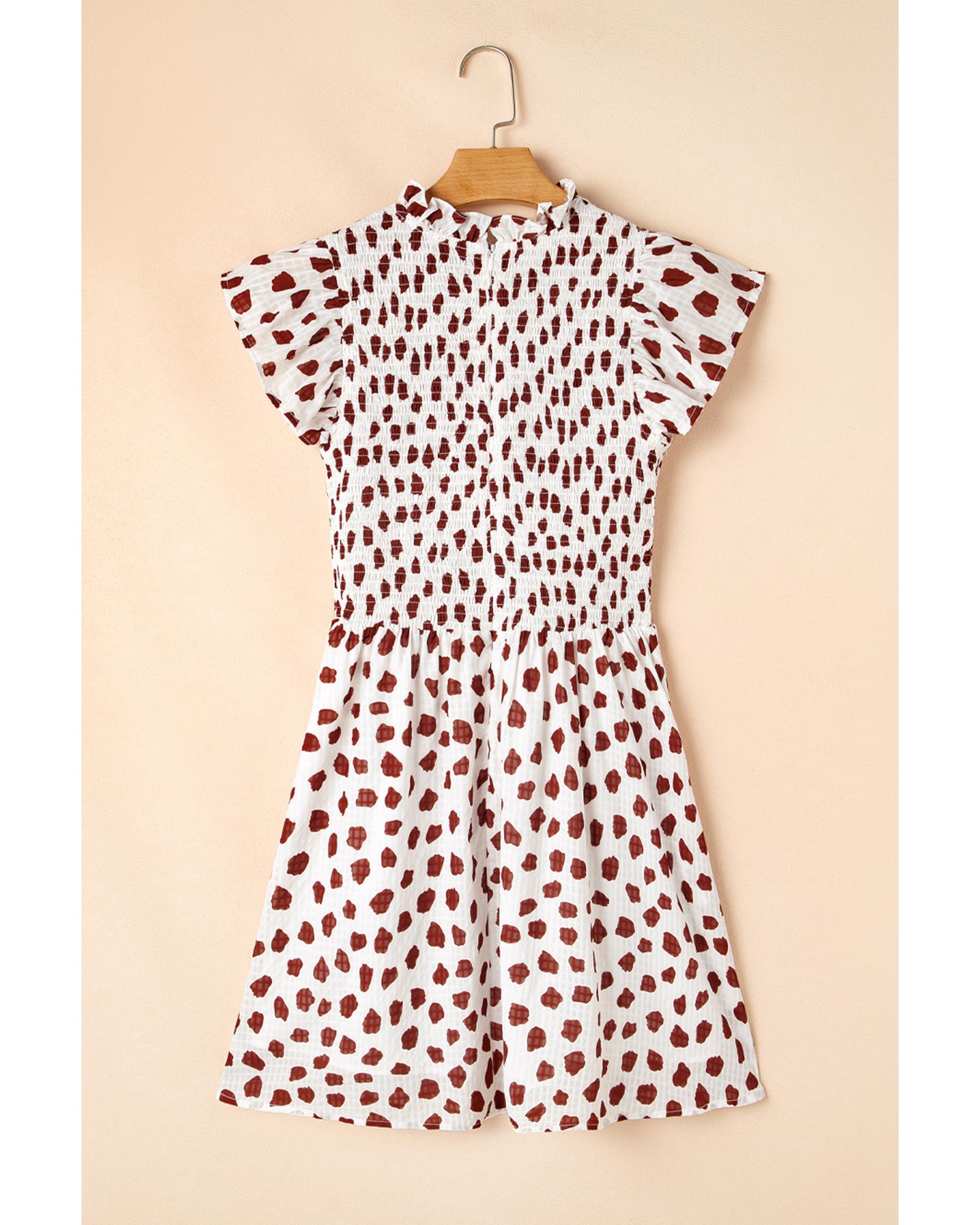 Brown Abstract Printed Flutter Sleeve Smocked Bodice Short Dress - XL 6