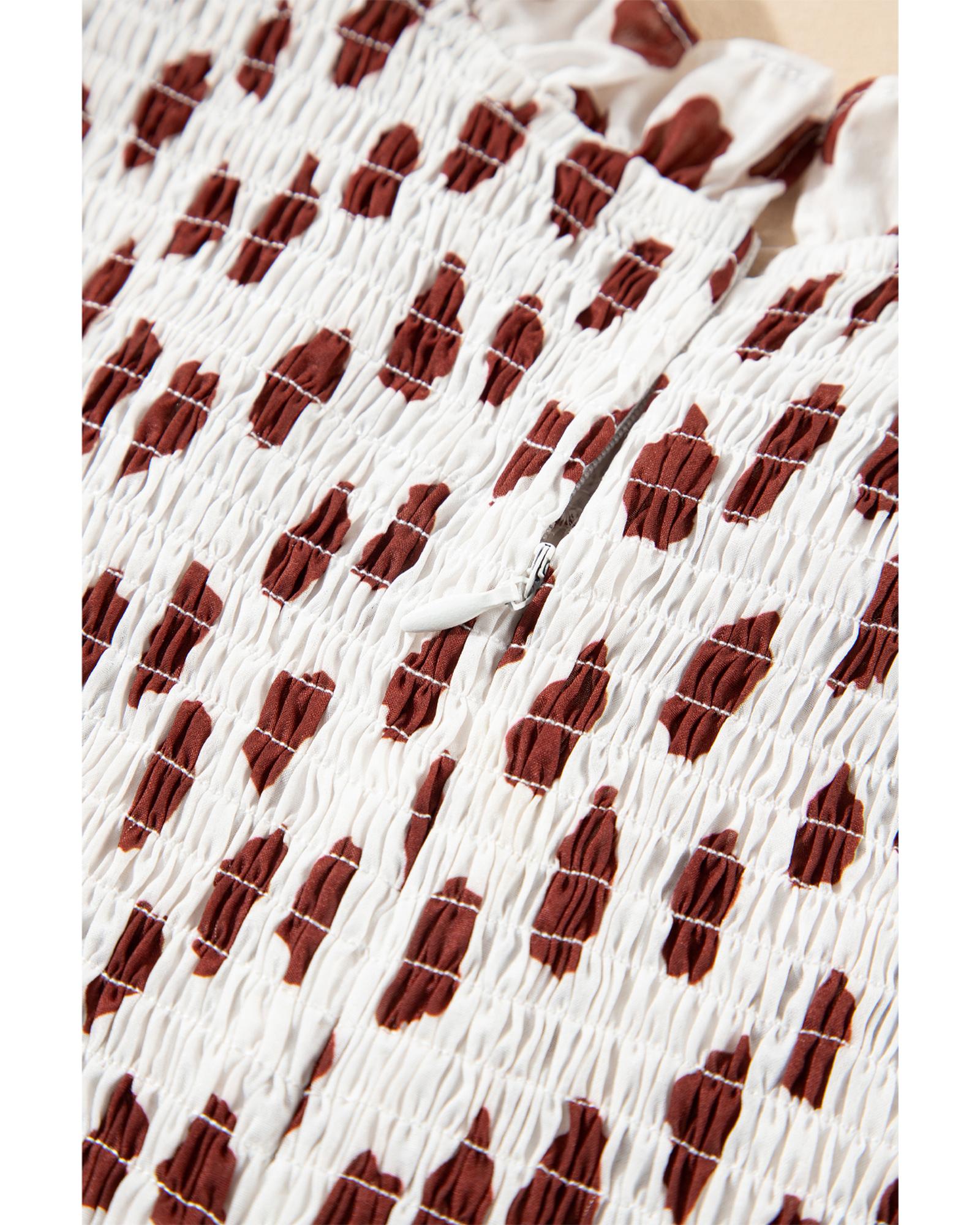 Brown Abstract Printed Flutter Sleeve Smocked Bodice Short Dress - XL 7