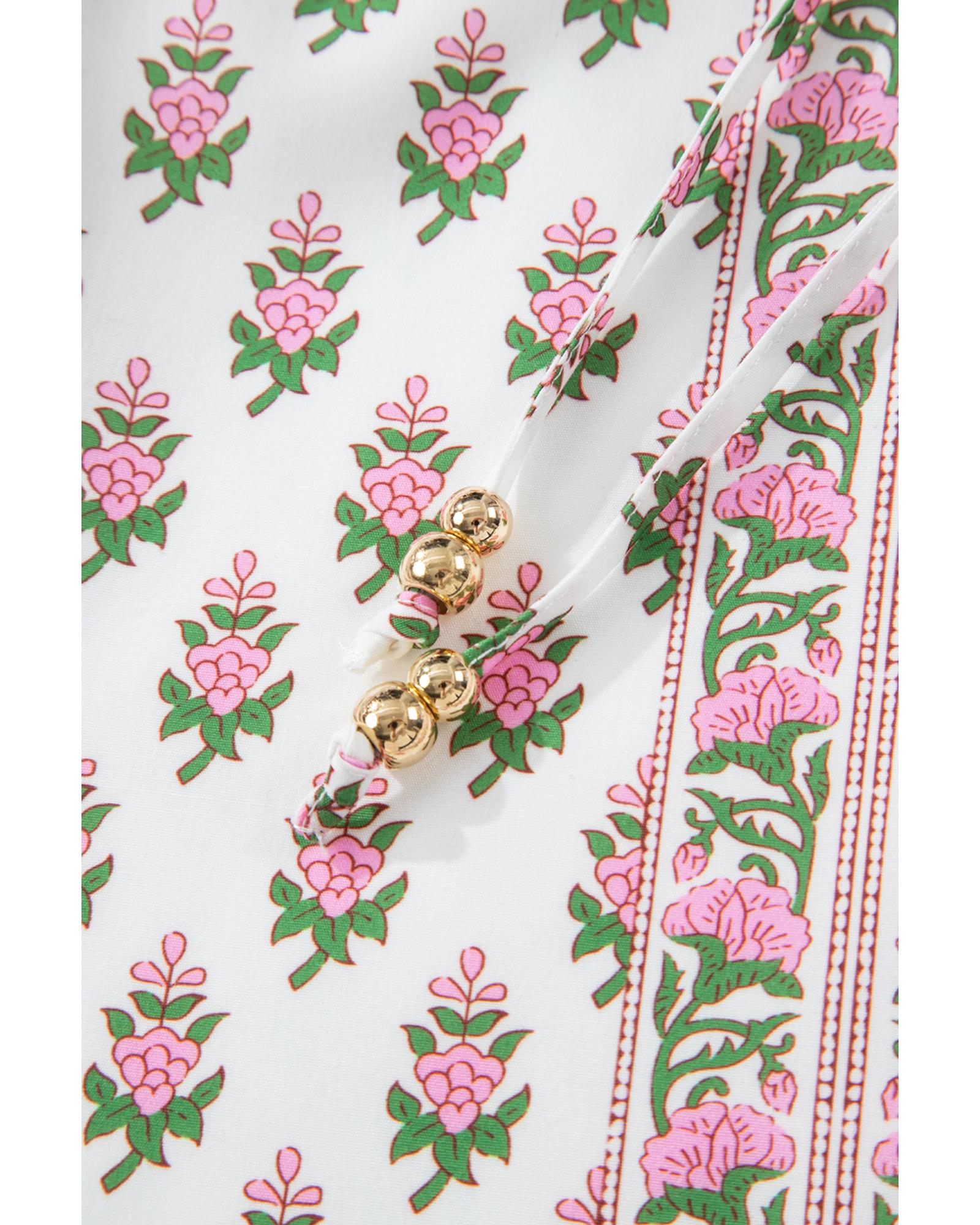 Pink Floral Print Bubble Sleeve Neck Tie Ruffled Dress - L 8