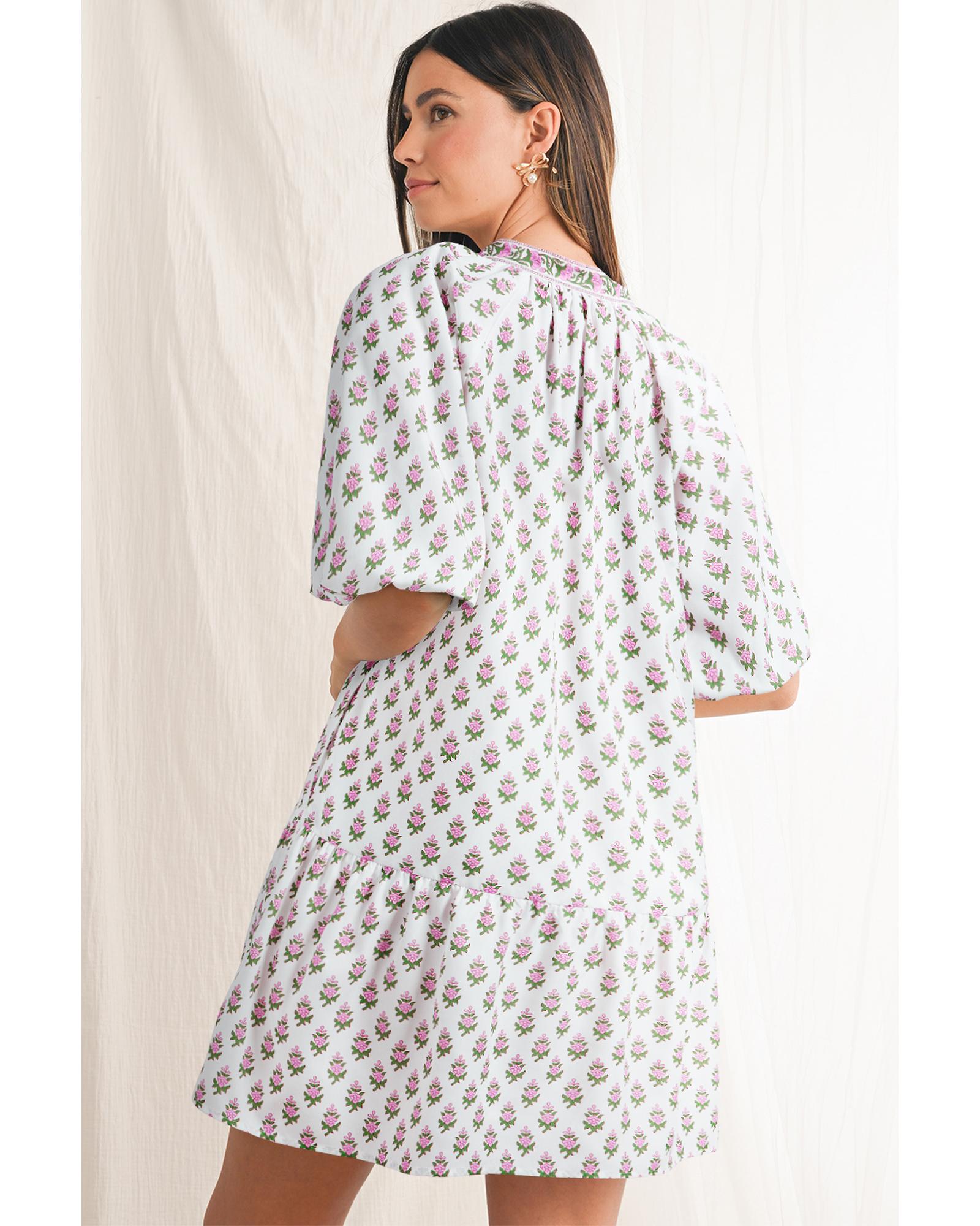 Pink Floral Print Bubble Sleeve Neck Tie Ruffled Dress - M