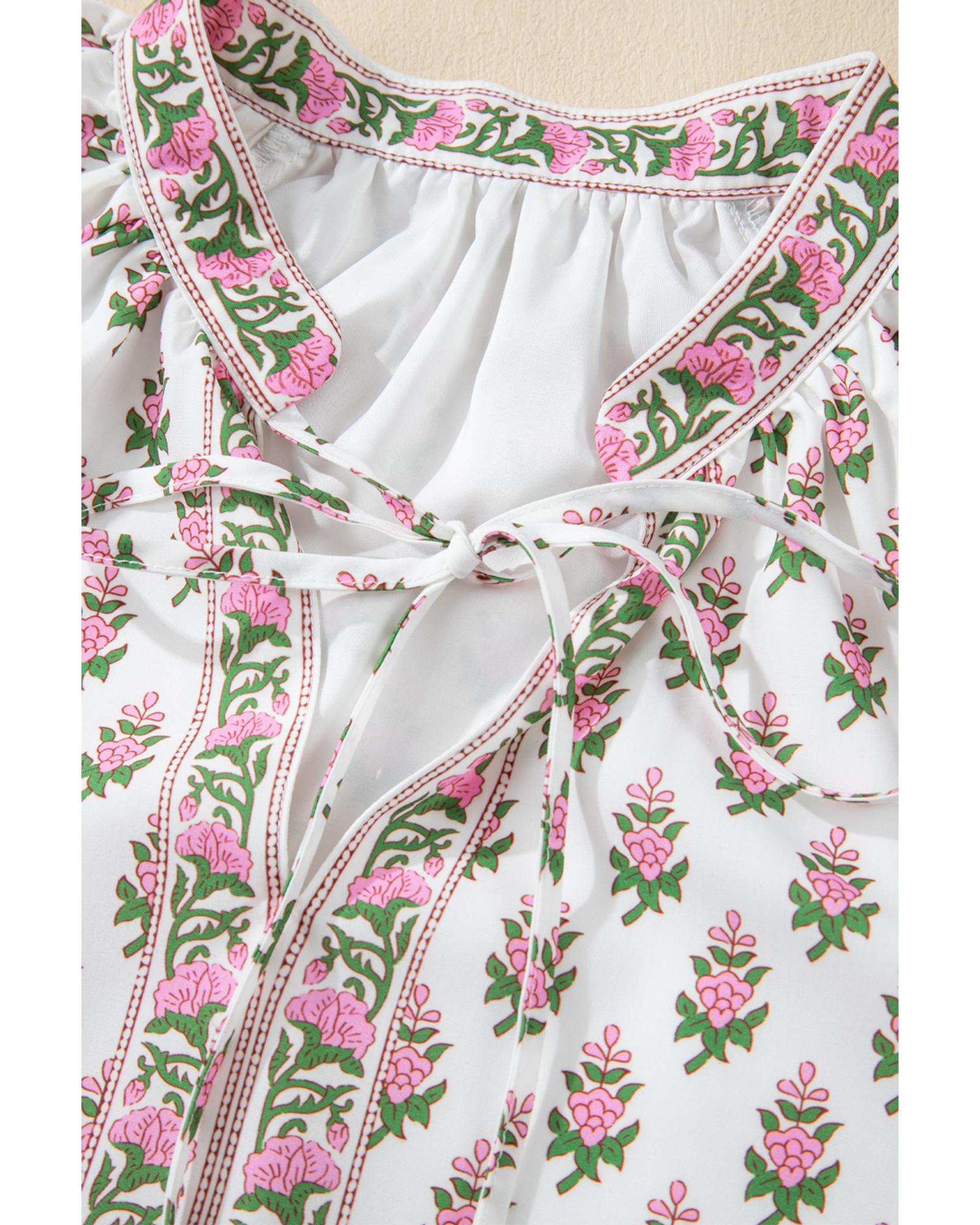 Pink Floral Print Bubble Sleeve Neck Tie Ruffled Dress - M 7