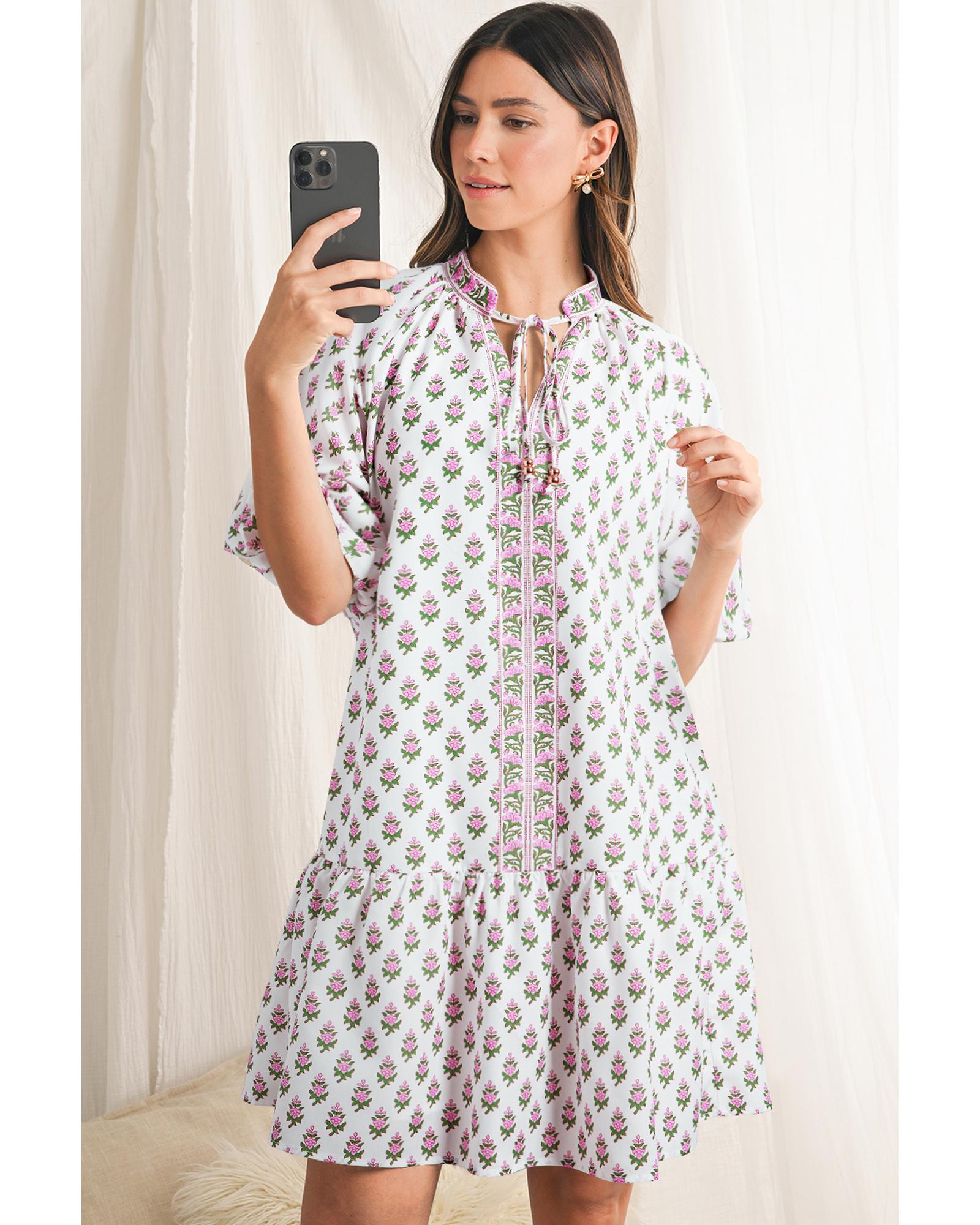 Pink Floral Print Bubble Sleeve Neck Tie Ruffled Dress - S 3