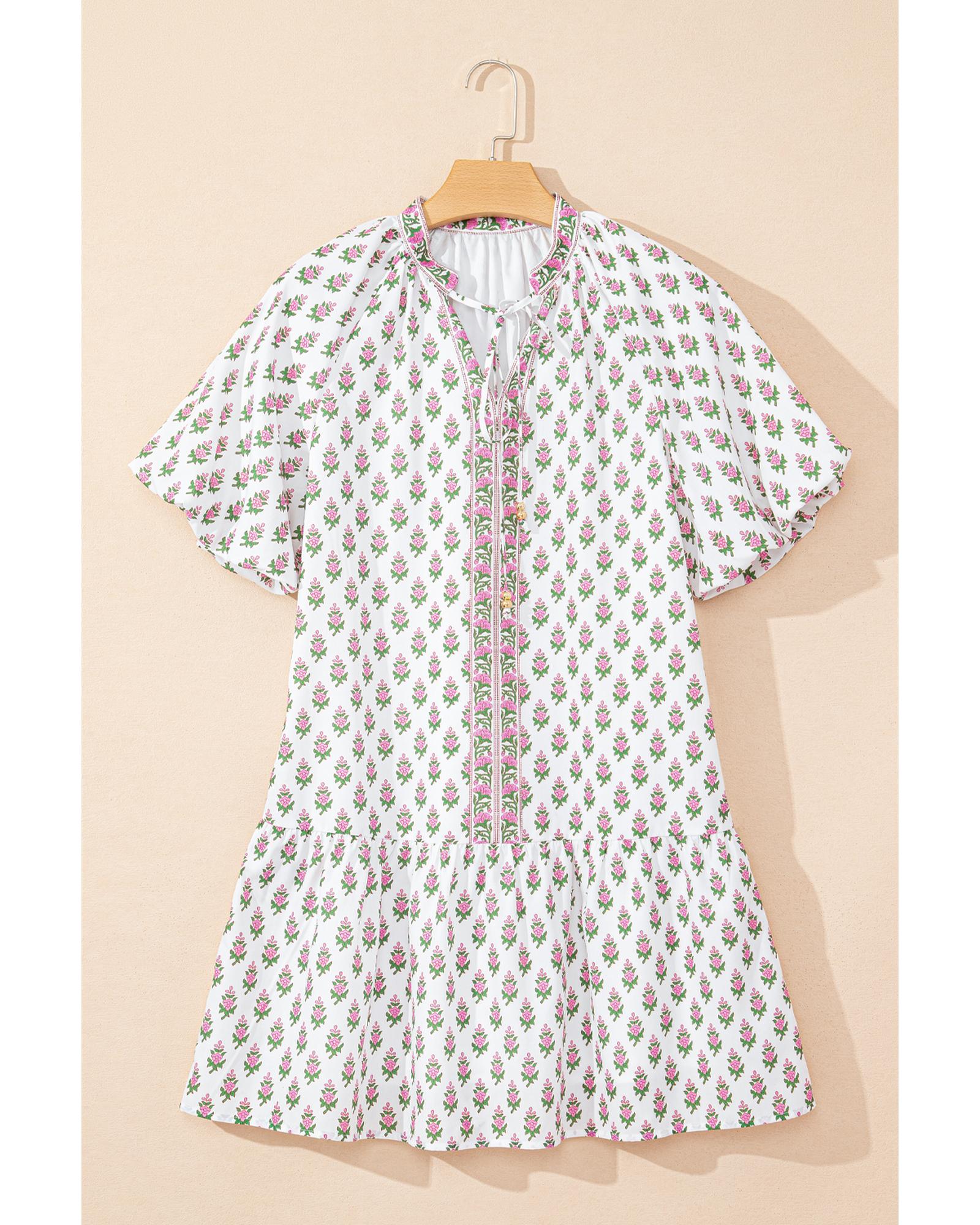 Pink Floral Print Bubble Sleeve Neck Tie Ruffled Dress - S 4