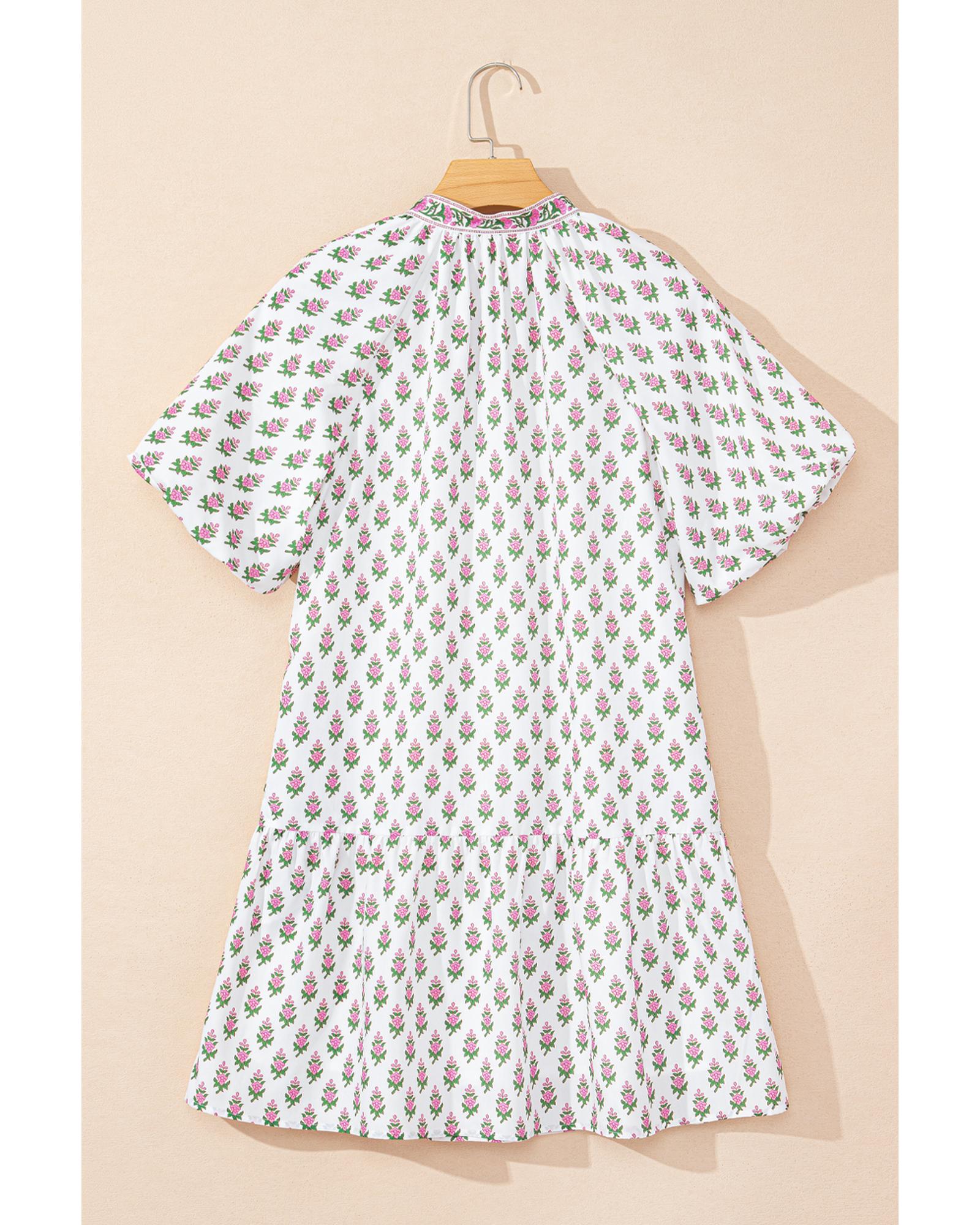 Pink Floral Print Bubble Sleeve Neck Tie Ruffled Dress - S 5