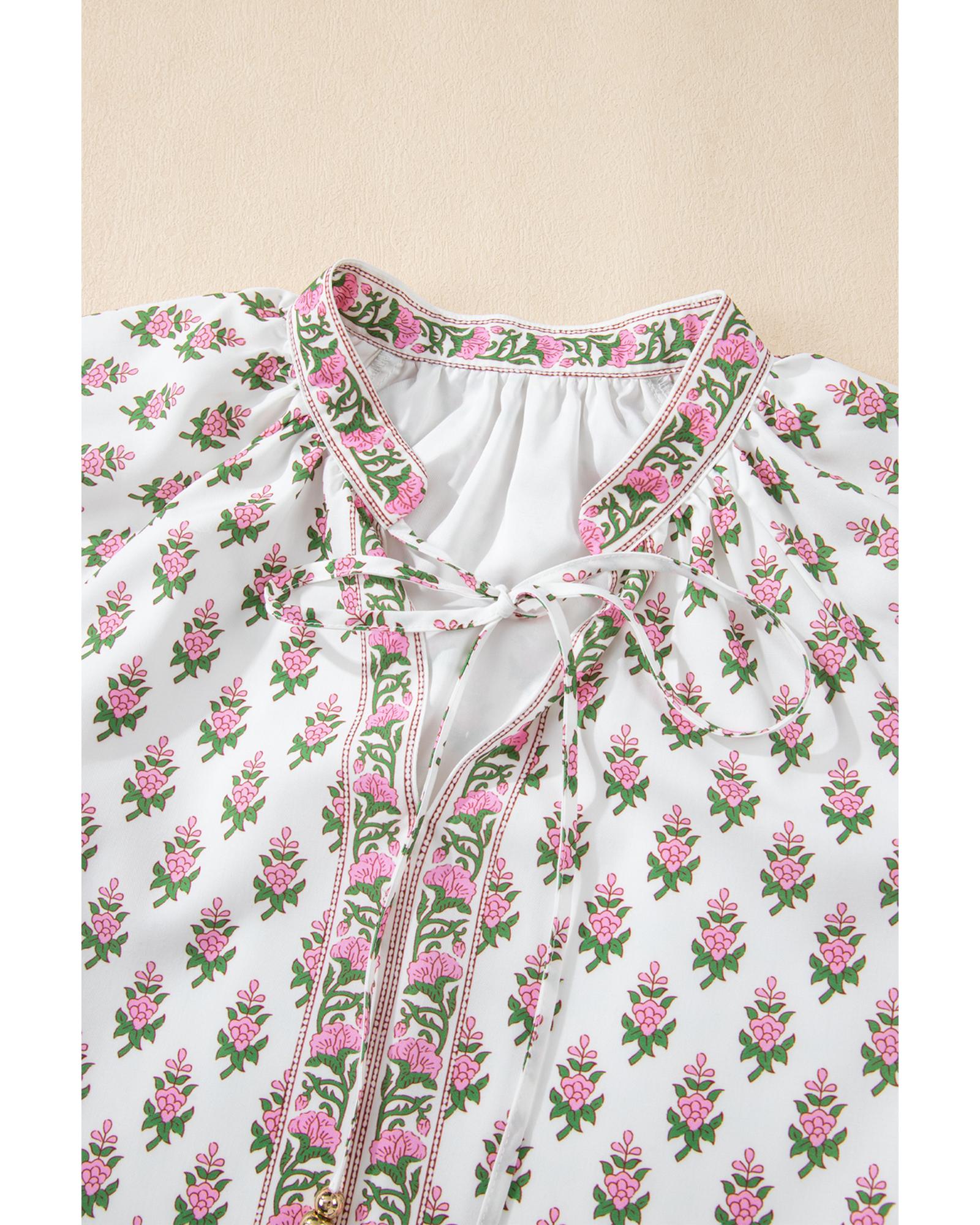 Pink Floral Print Bubble Sleeve Neck Tie Ruffled Dress - S 6