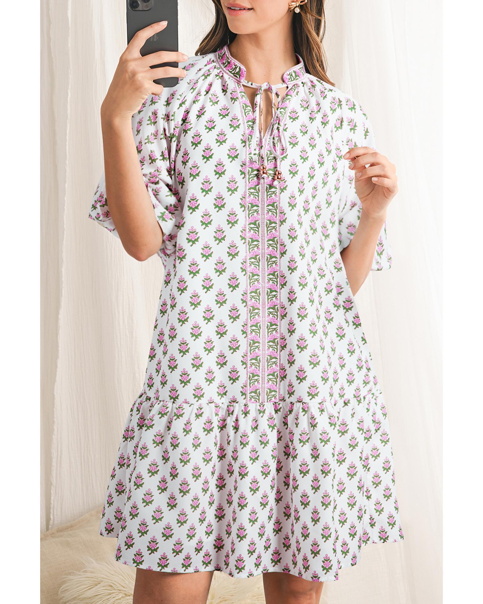 Pink Floral Print Bubble Sleeve Neck Tie Ruffled Dress - XL