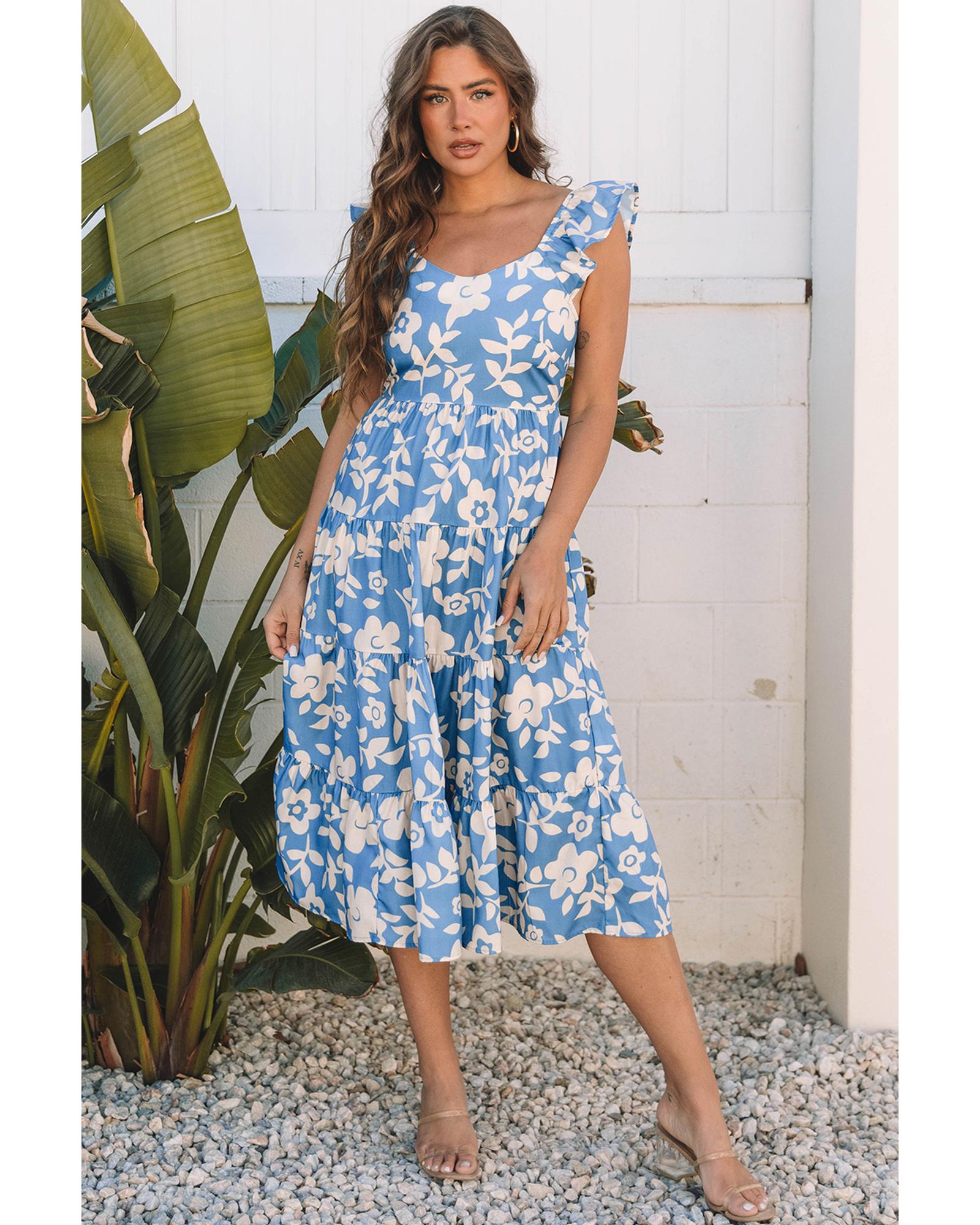 Sky Blue Floral U Neck Flutter Shoulder Tiered Flowy Midi Dress - L