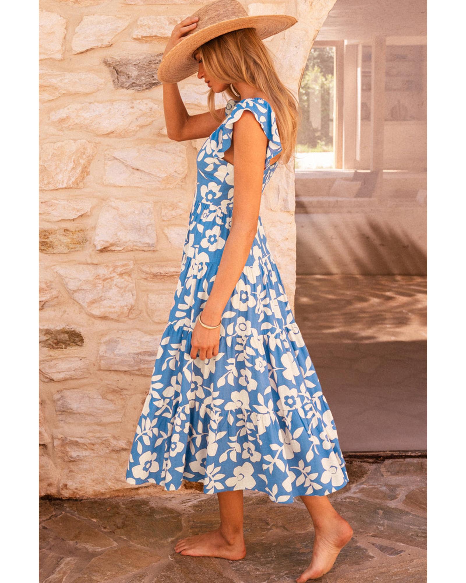 Sky Blue Floral U Neck Flutter Shoulder Tiered Flowy Midi Dress - L 7