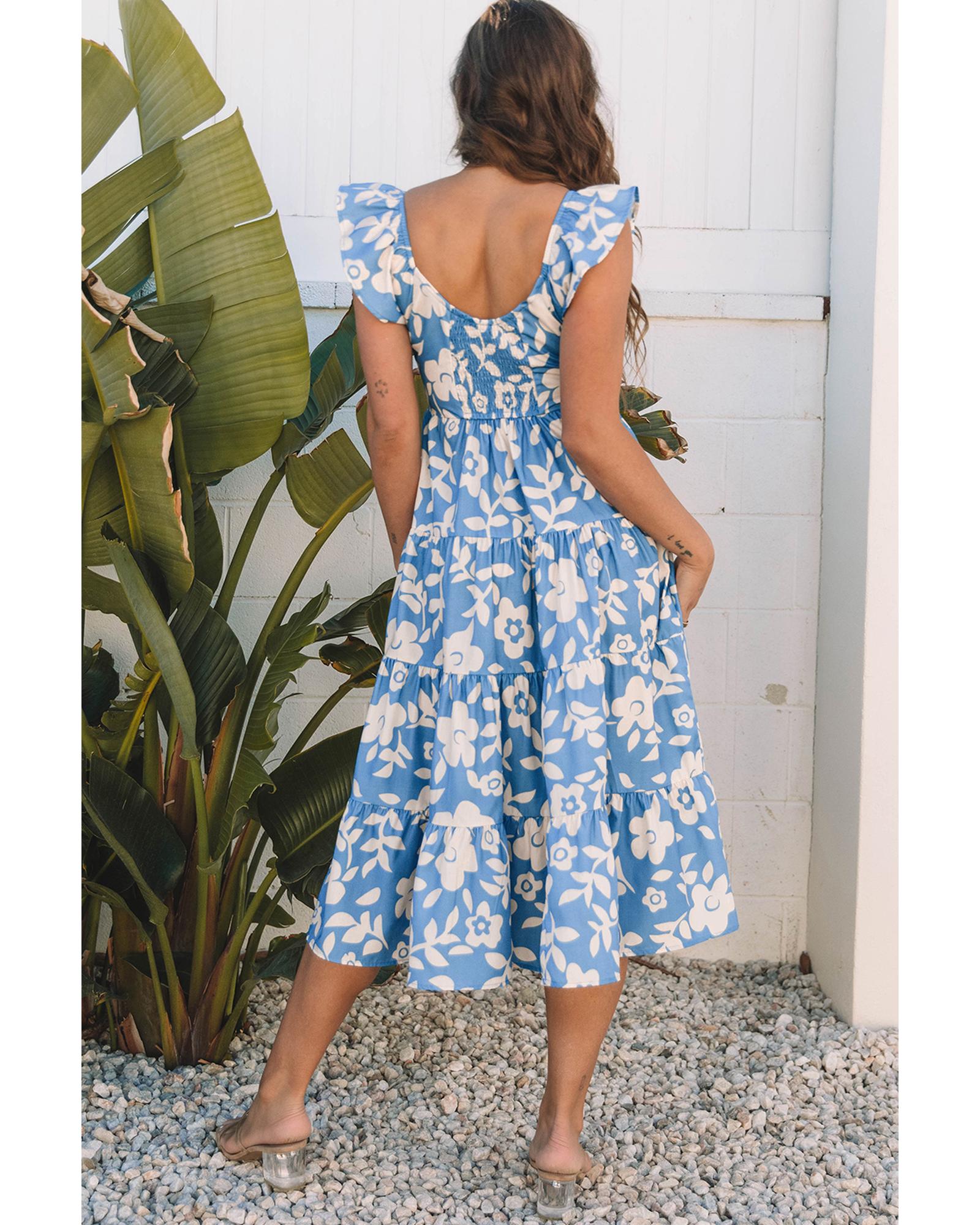 Sky Blue Floral U Neck Flutter Shoulder Tiered Flowy Midi Dress - M
