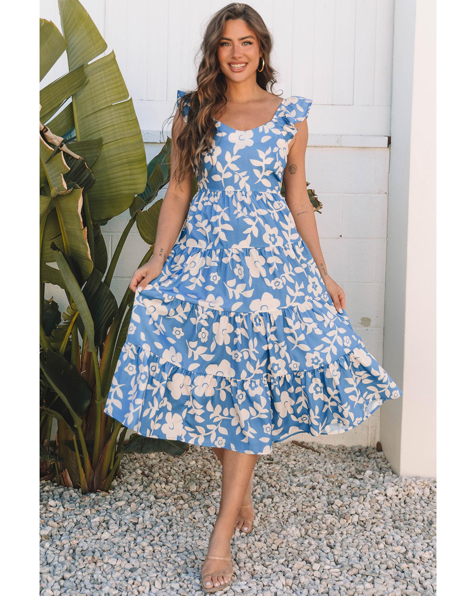 Sky Blue Floral U Neck Flutter Shoulder Tiered Flowy Midi Dress - M 4