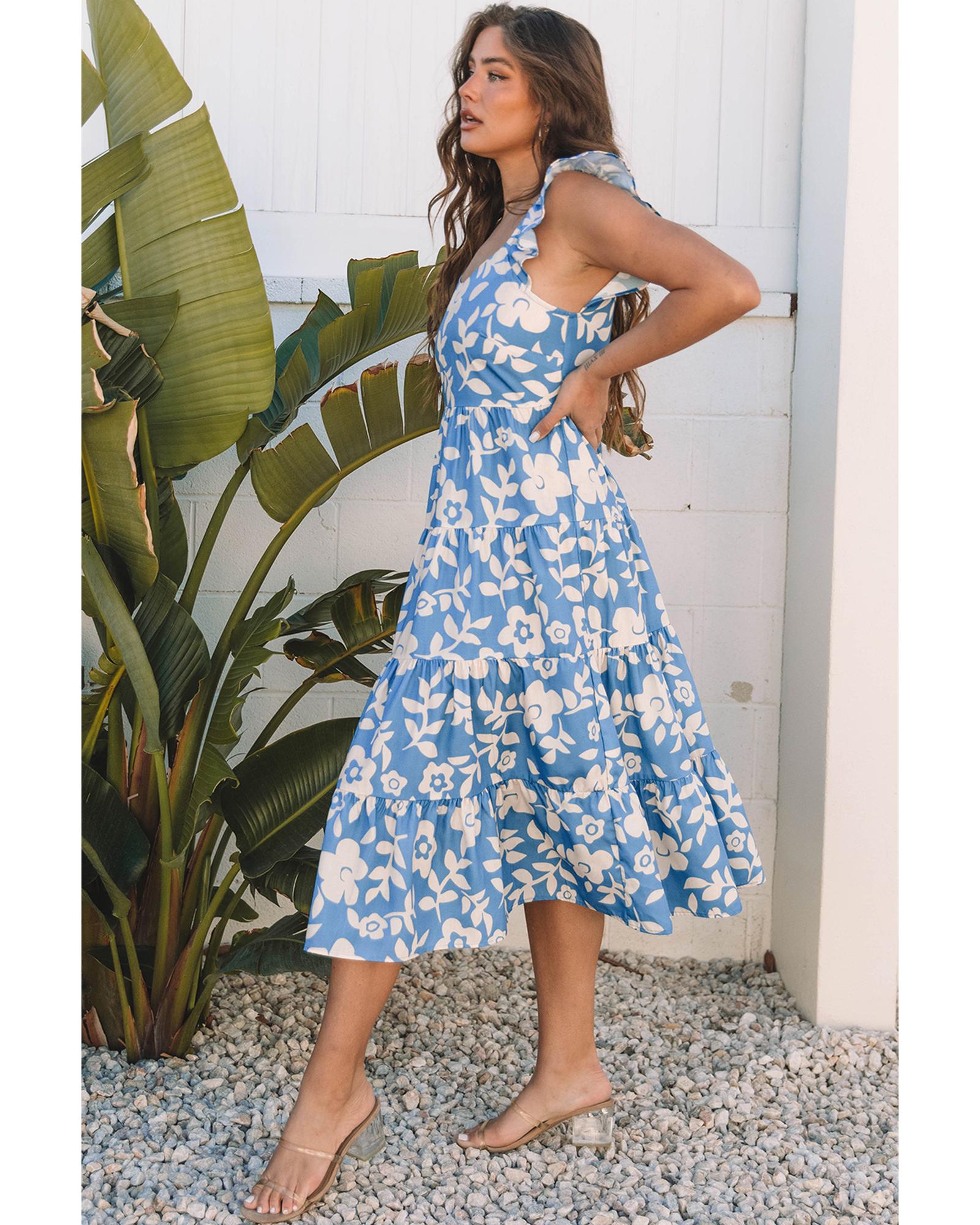 Sky Blue Floral U Neck Flutter Shoulder Tiered Flowy Midi Dress - S 3