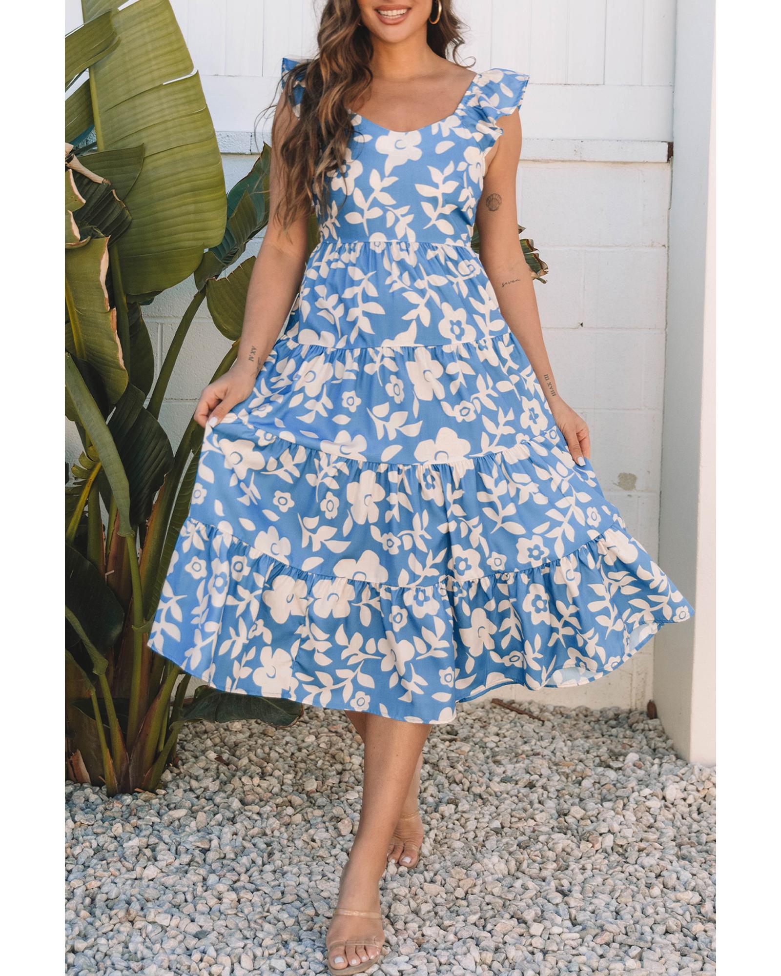 Sky Blue Floral U Neck Flutter Shoulder Tiered Flowy Midi Dress - S 5