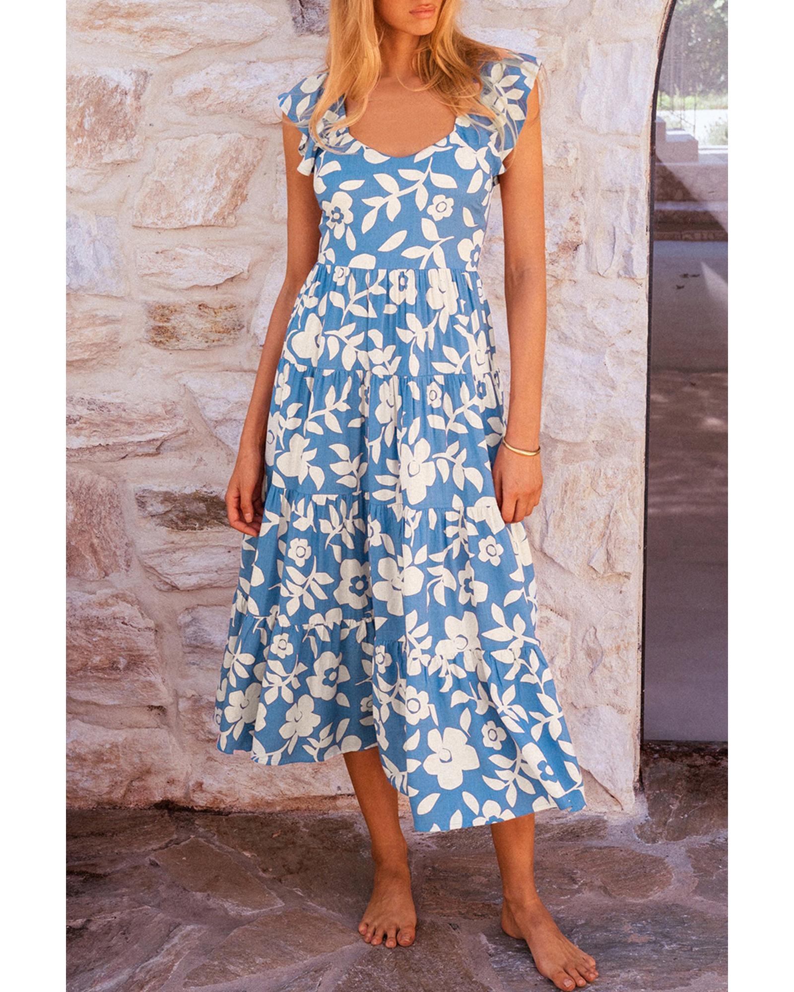 Sky Blue Floral U Neck Flutter Shoulder Tiered Flowy Midi Dress - XL 6