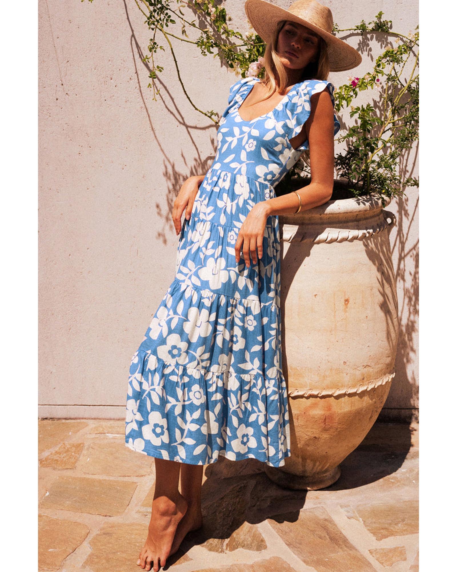 Sky Blue Floral U Neck Flutter Shoulder Tiered Flowy Midi Dress - XL 8