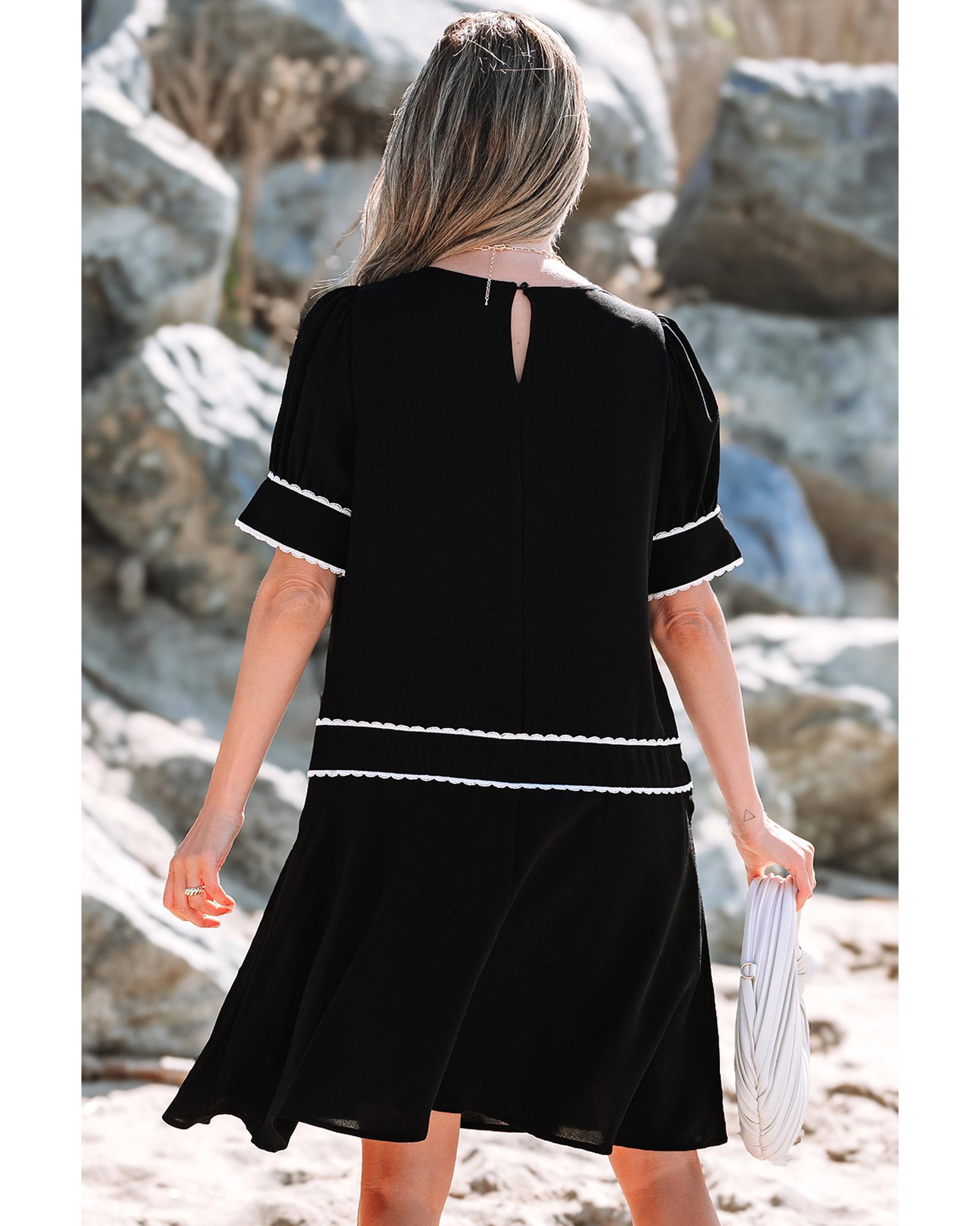 Black Contrast Scallop Trim Bow Detail Half Sleeve Shift Dress - S