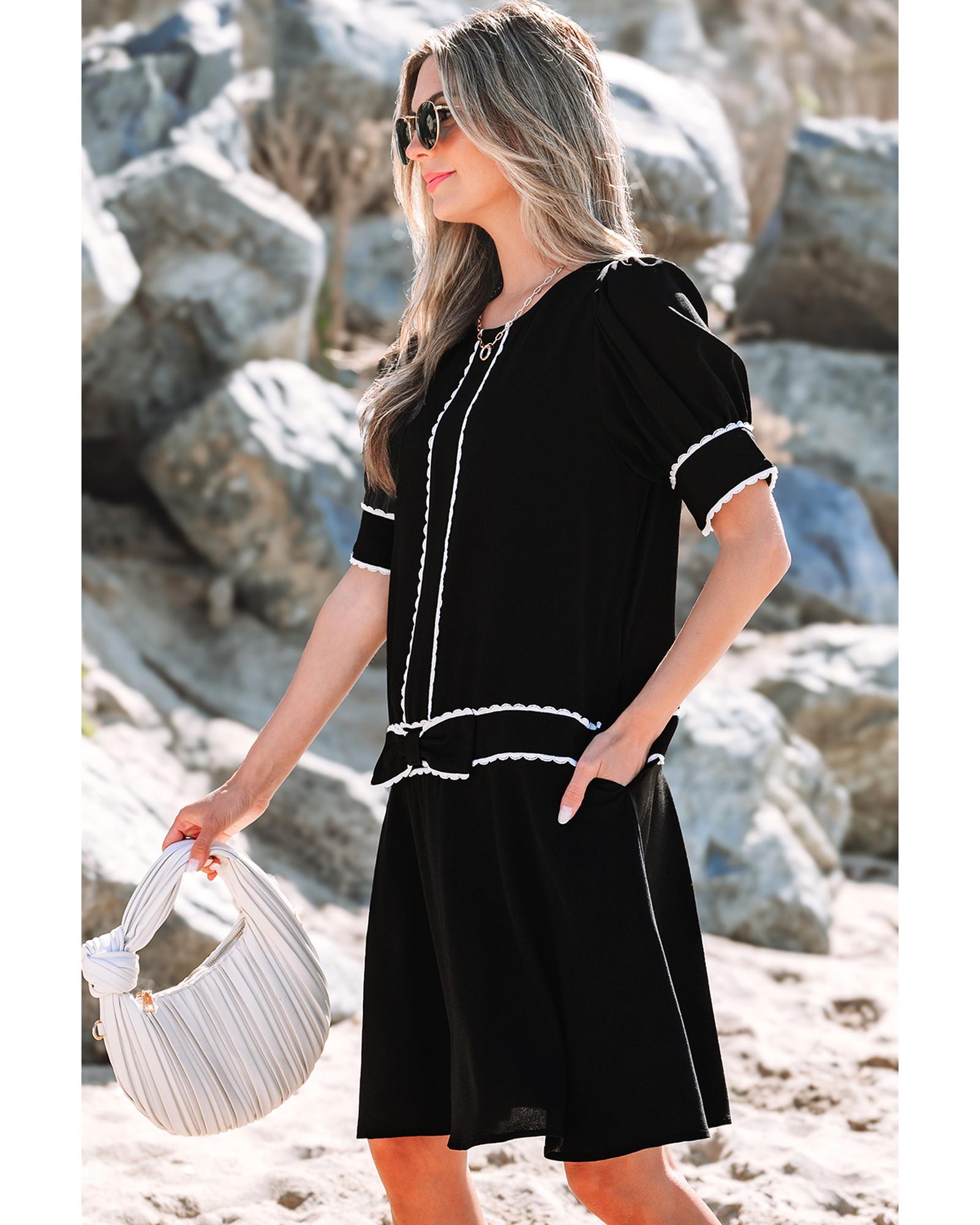 Black Contrast Scallop Trim Bow Detail Half Sleeve Shift Dress - S